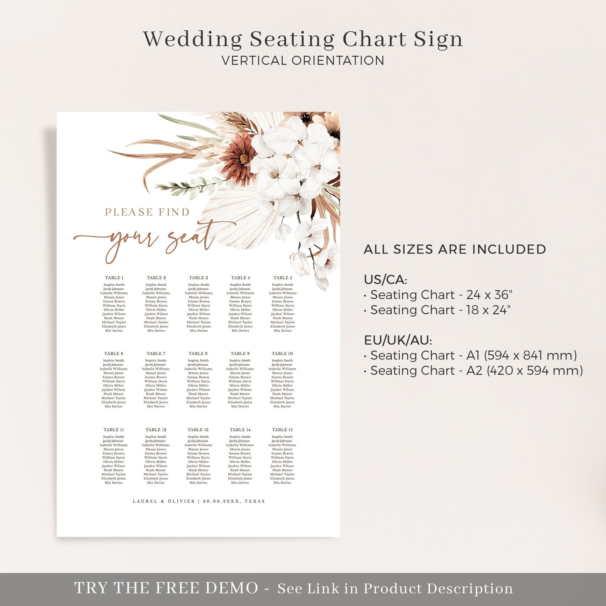 LAUREL Boho Wedding Seating Chart Sign Template
