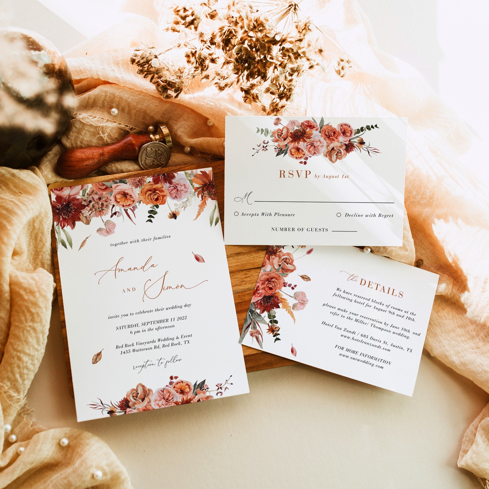 SCARLETT Boho Style Wedding Invitation Set Template