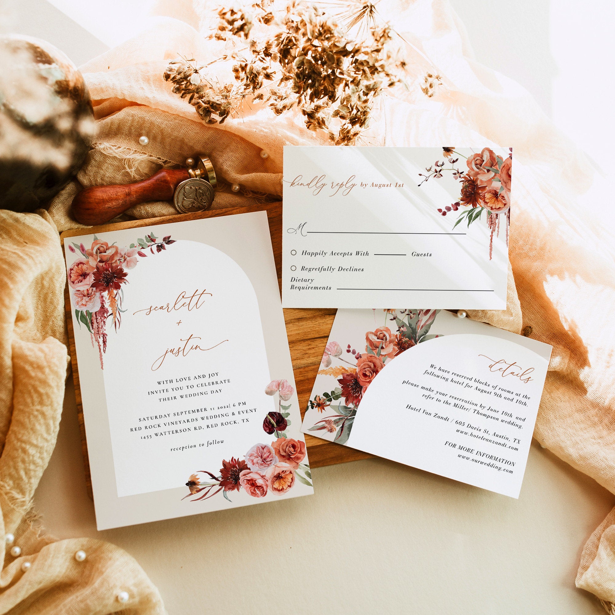 SCARLETT Boho Wedding Invitations with Rsvp Template