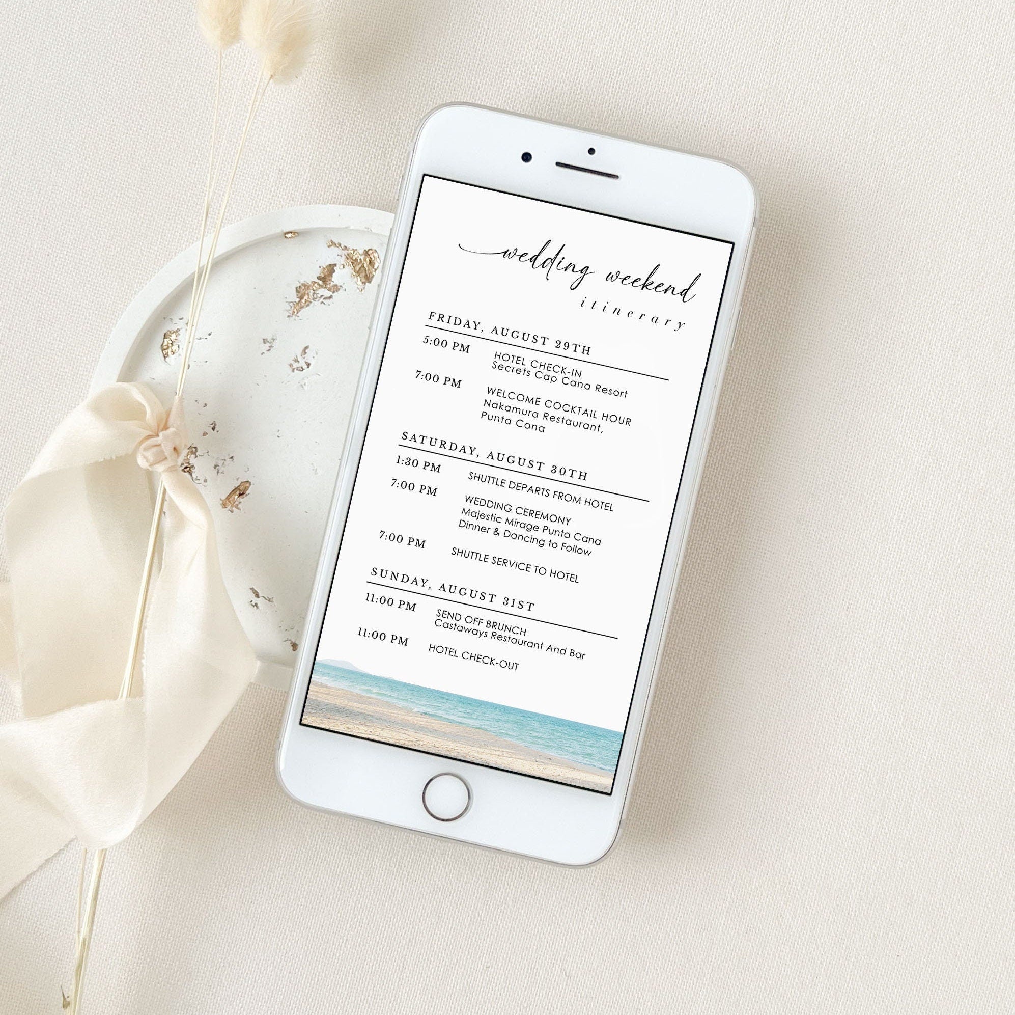Beach Wedding Itinerary Template Digital Card