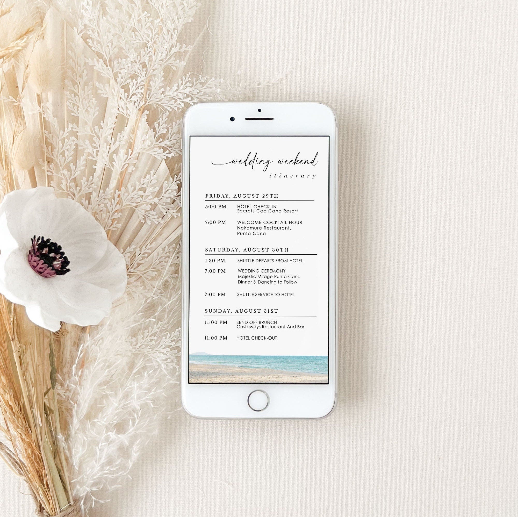 Beach Wedding Itinerary Template Digital Card