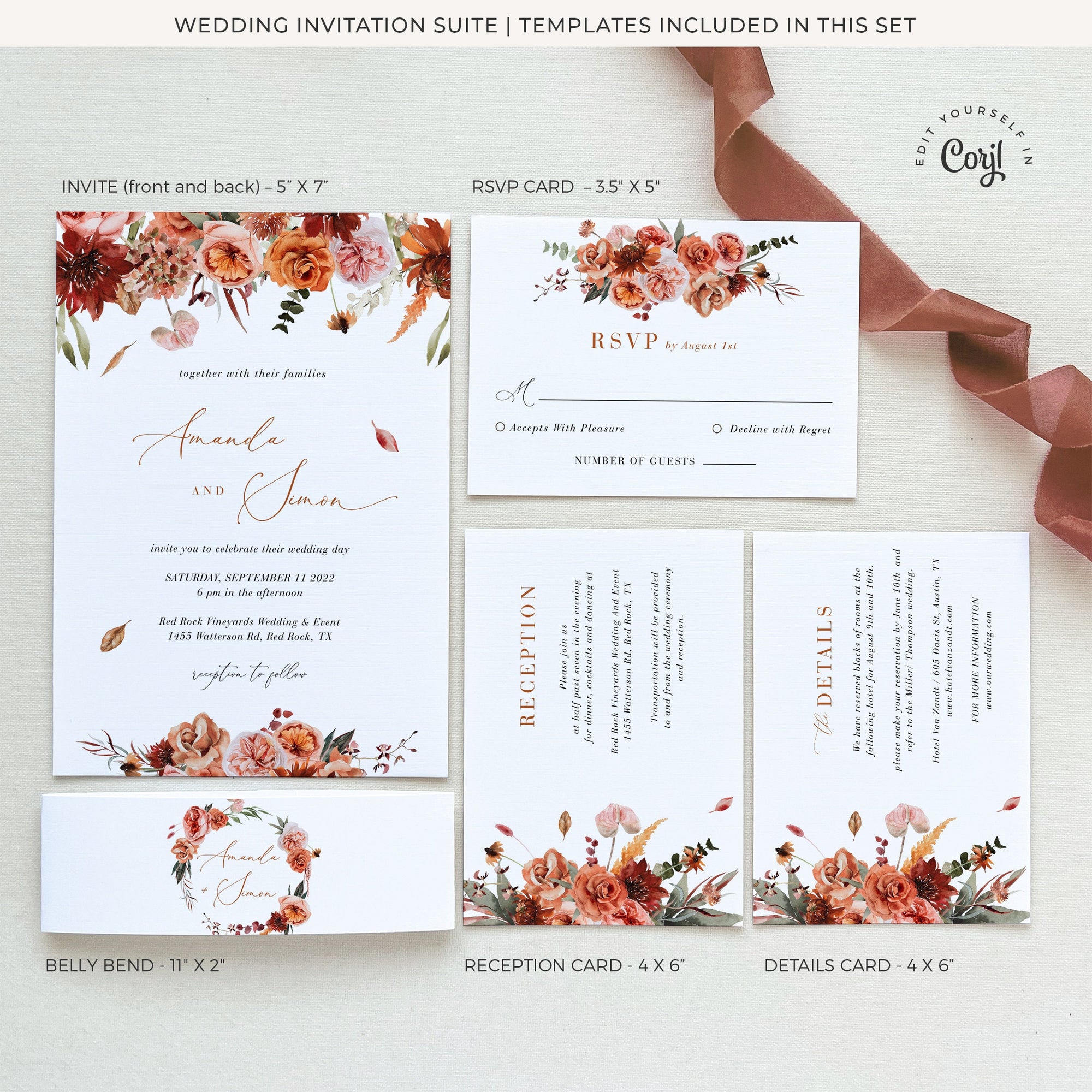 SCARLETT Boho Style Wedding Invitation Set Template