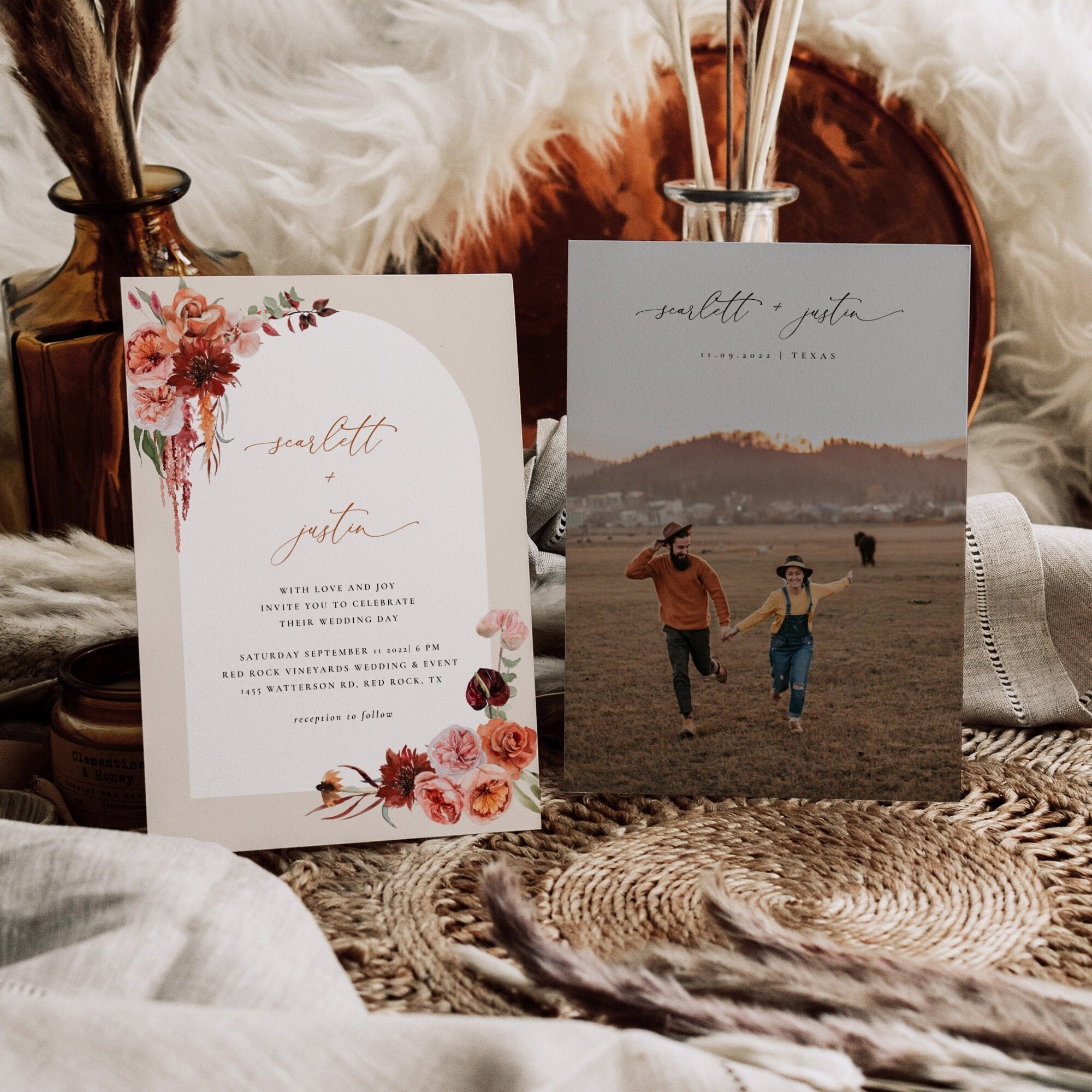 SCARLETT Boho Wedding Invitation with Photo Template