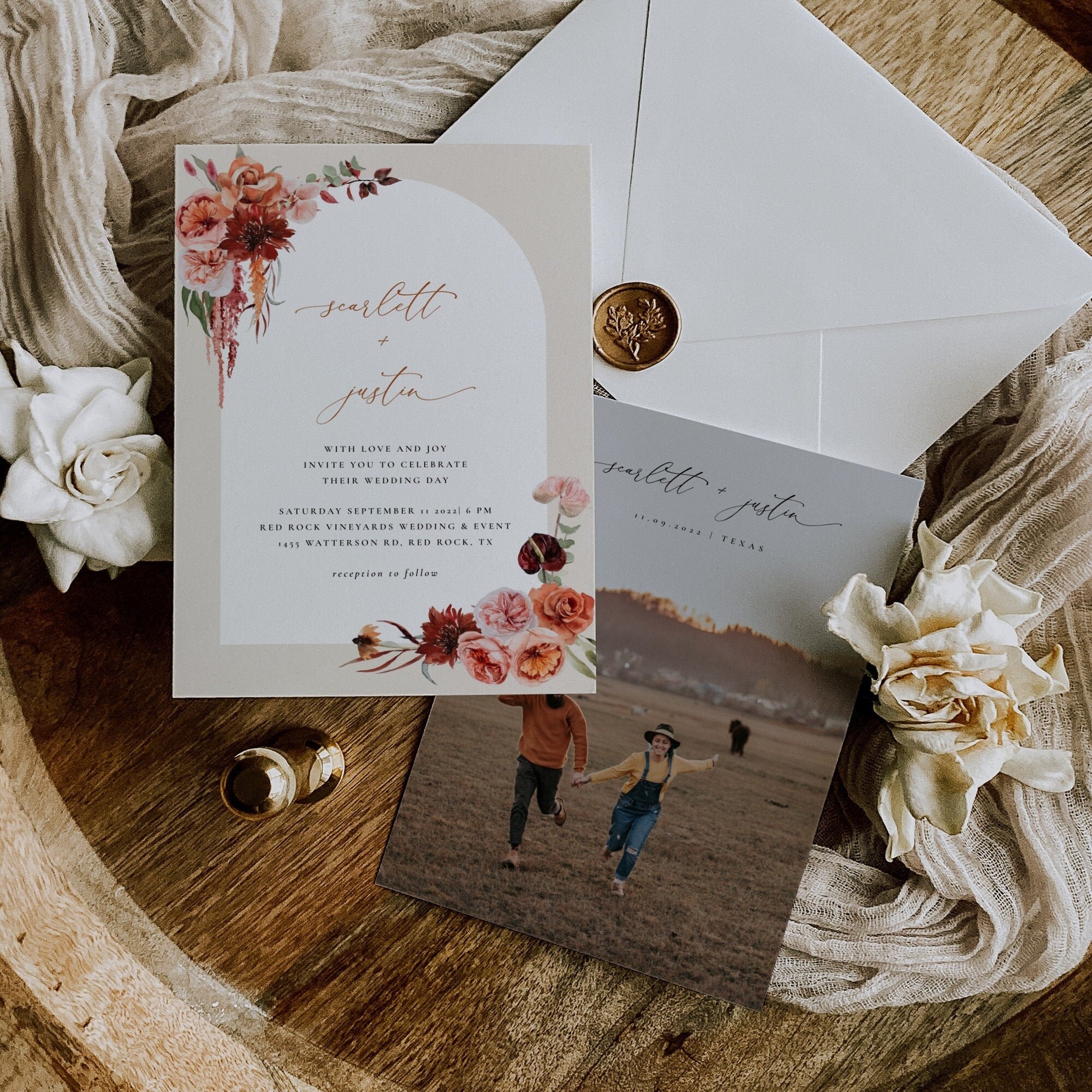 SCARLETT Boho Wedding Invitation with Photo Template