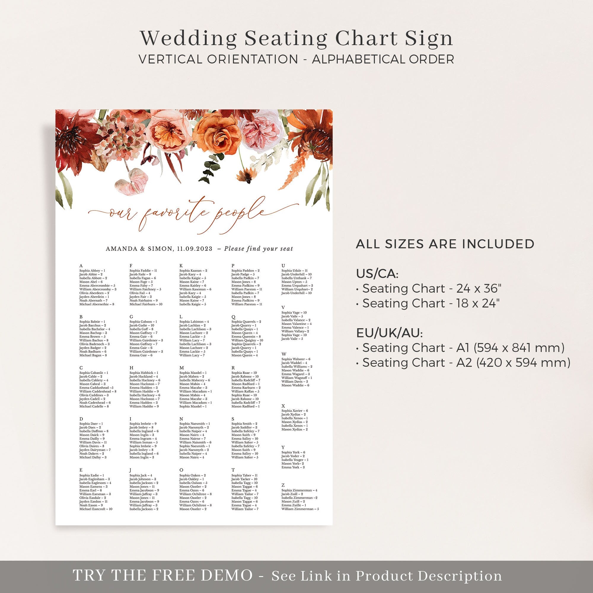 SCARLETT Boho Seating Chart Template Alphabetical Order