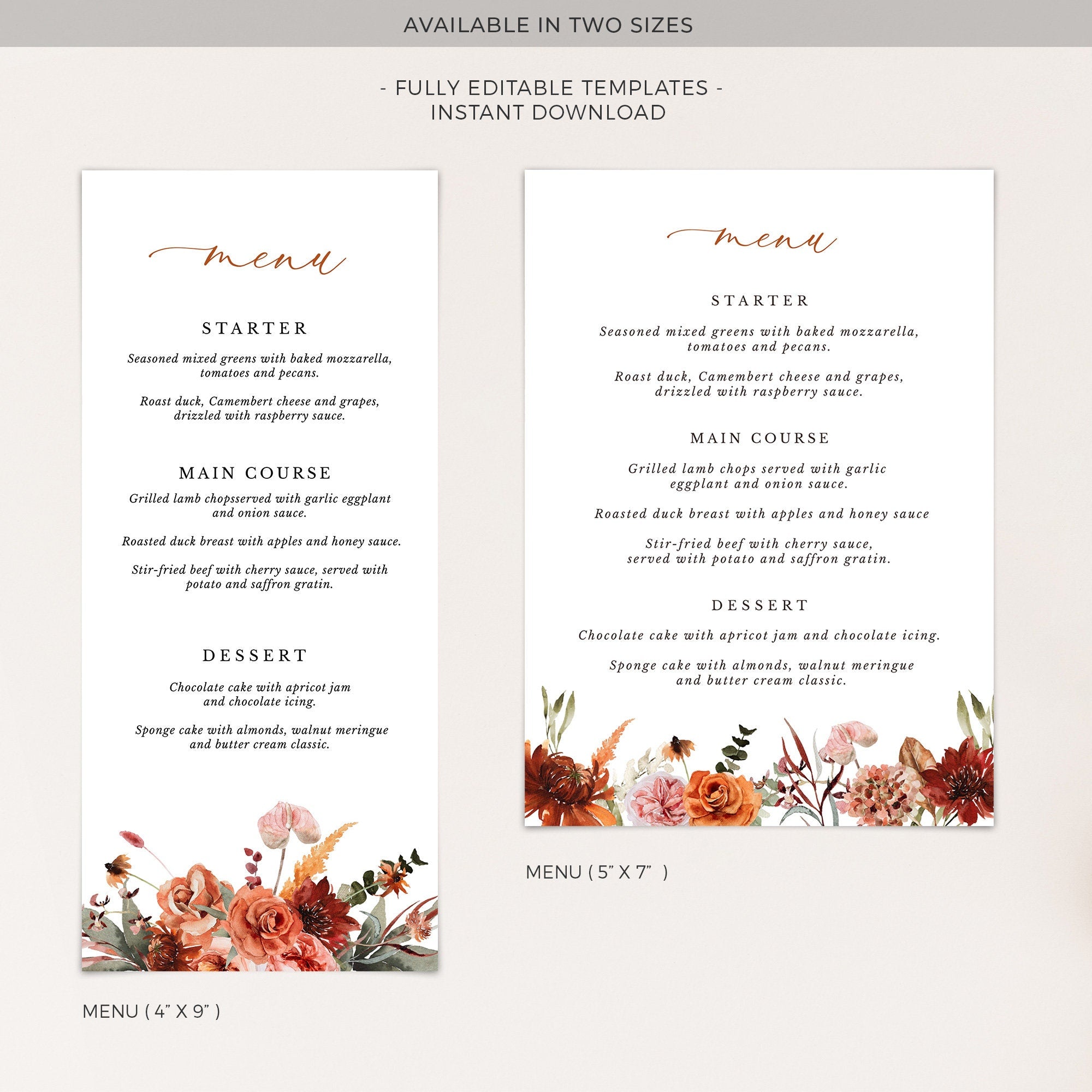 SCARLETT Boho Wedding Menu Cards