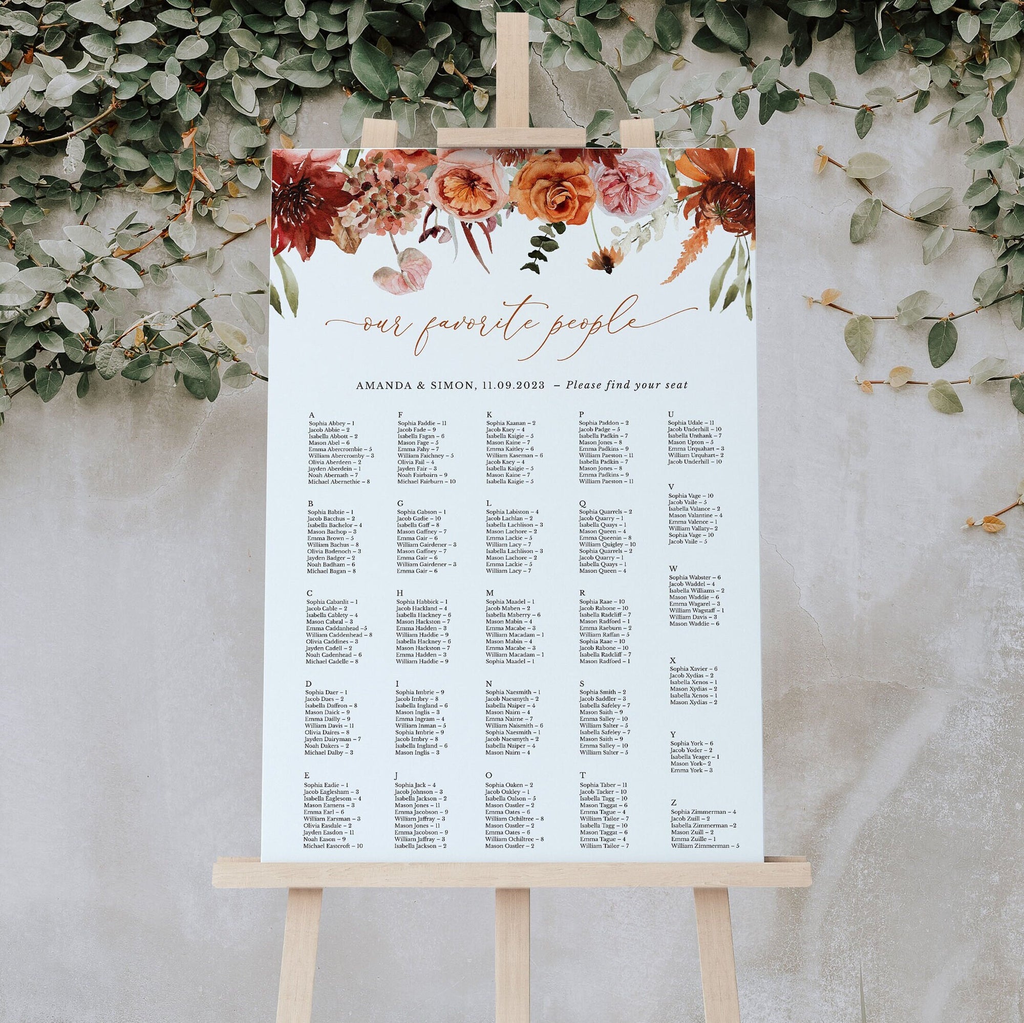 SCARLETT Boho Seating Chart Template Alphabetical Order