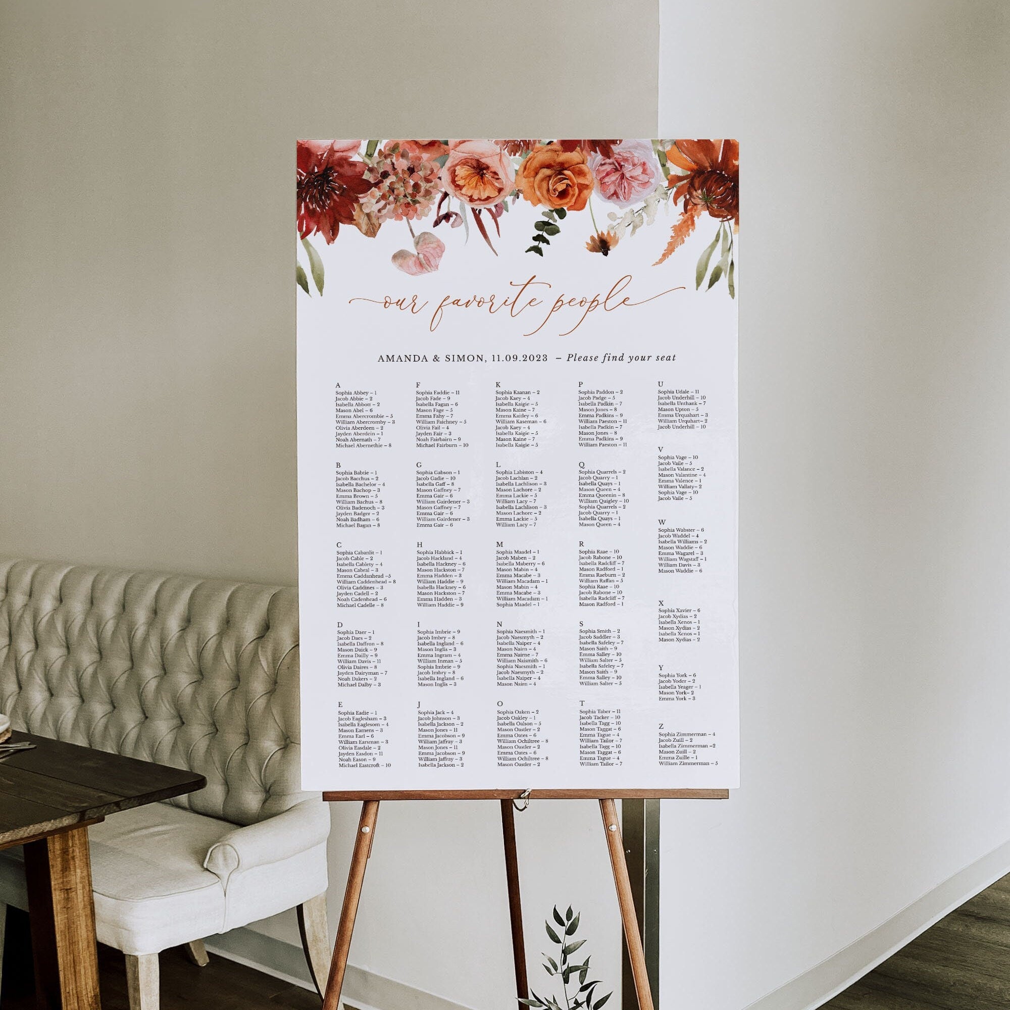 SCARLETT Boho Seating Chart Template Alphabetical Order