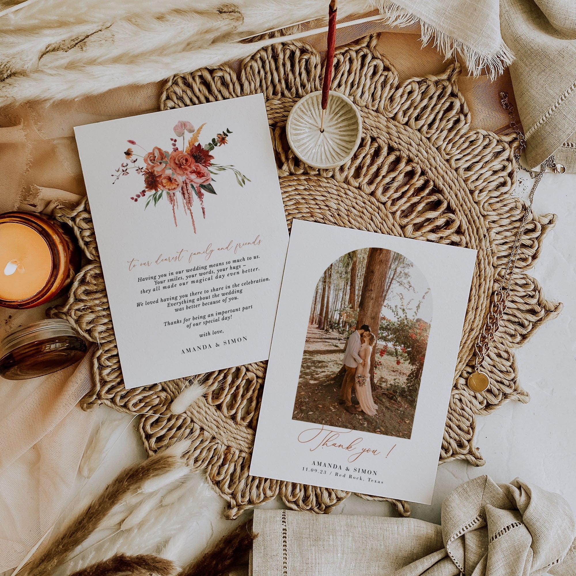 SCARLETT Template for Wedding Thank You Cards Boho Style
