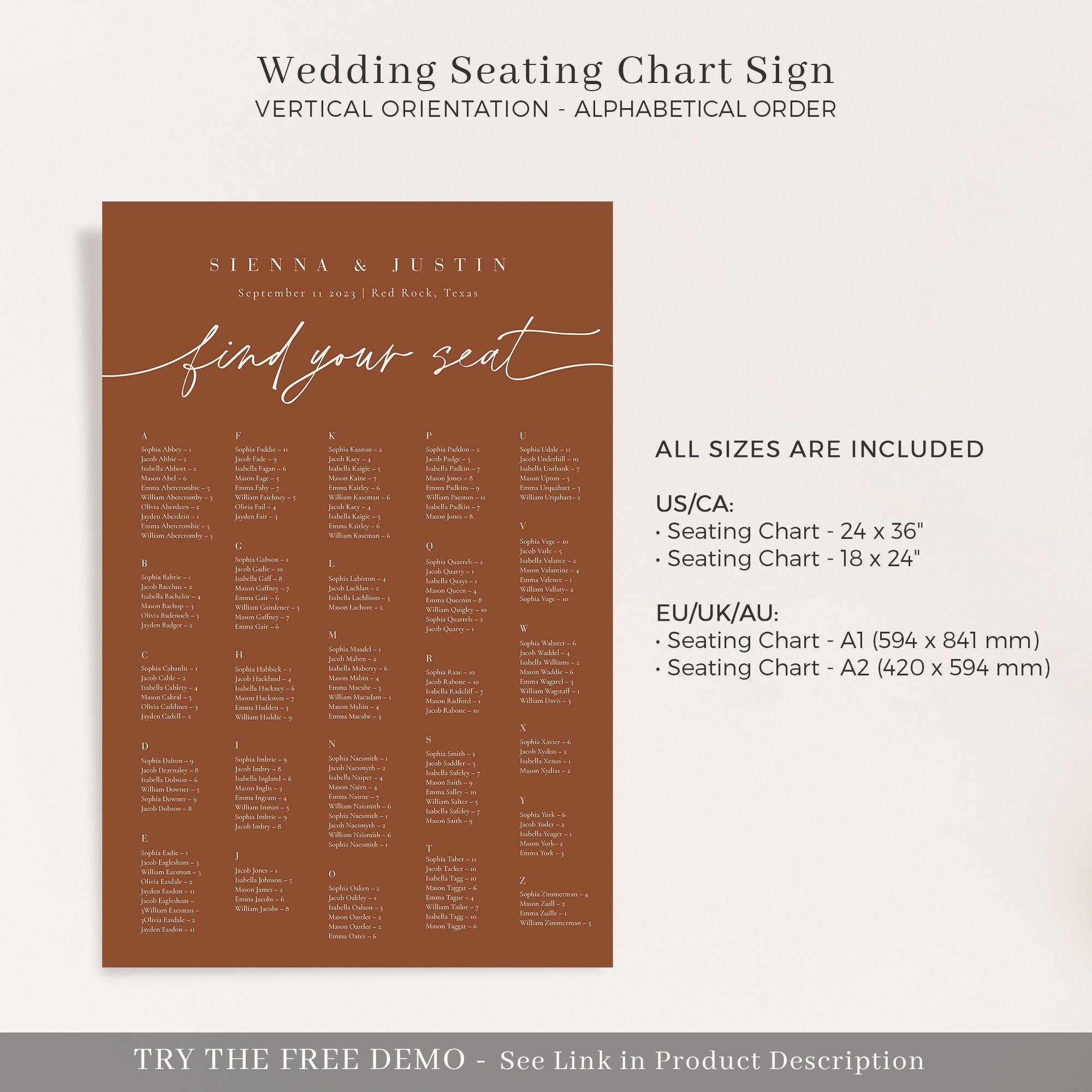 SIENNA Terracotta Seating Chart Template Alphabetical