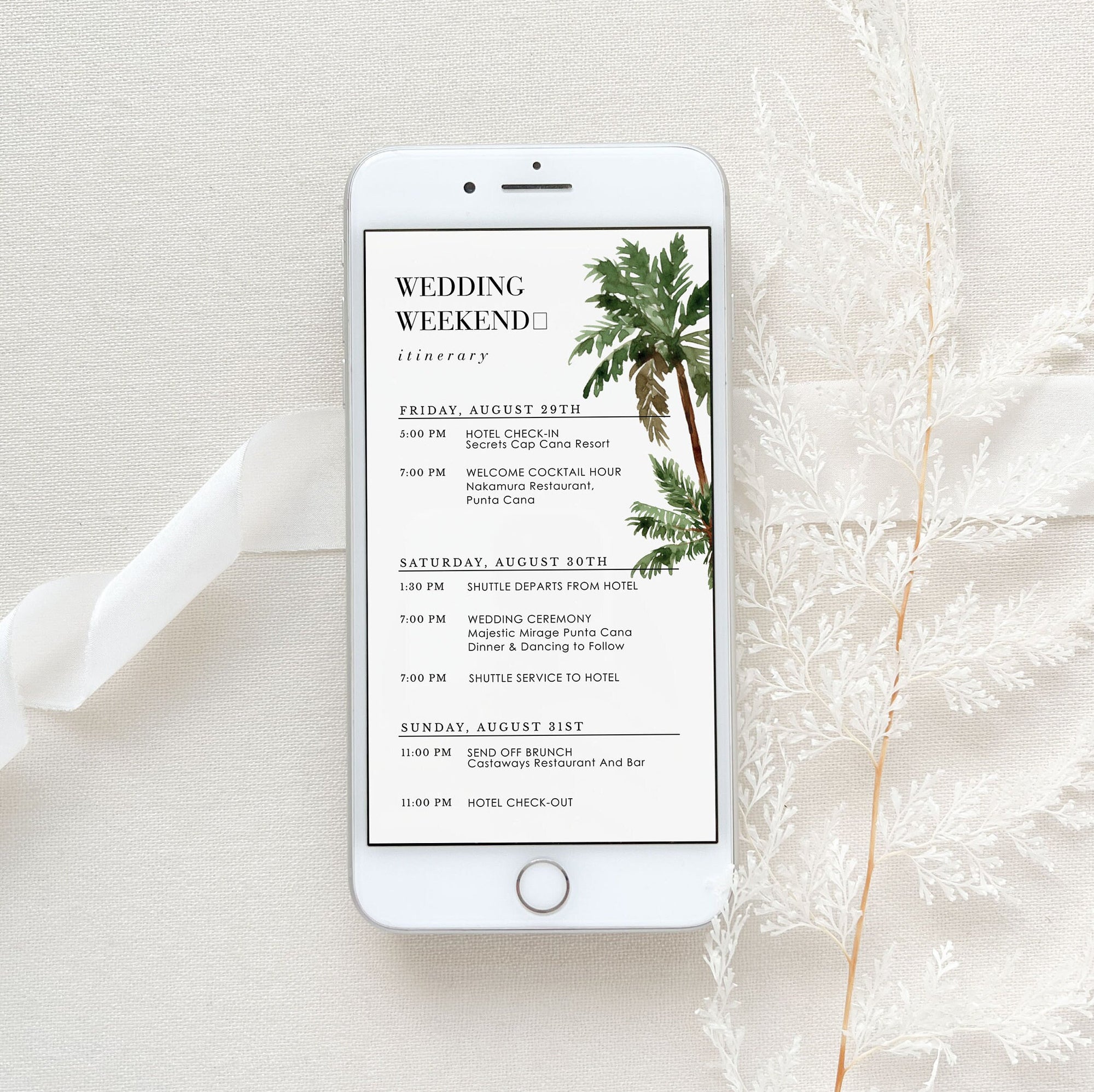 Tropical Wedding Itinerary Template Digital Card