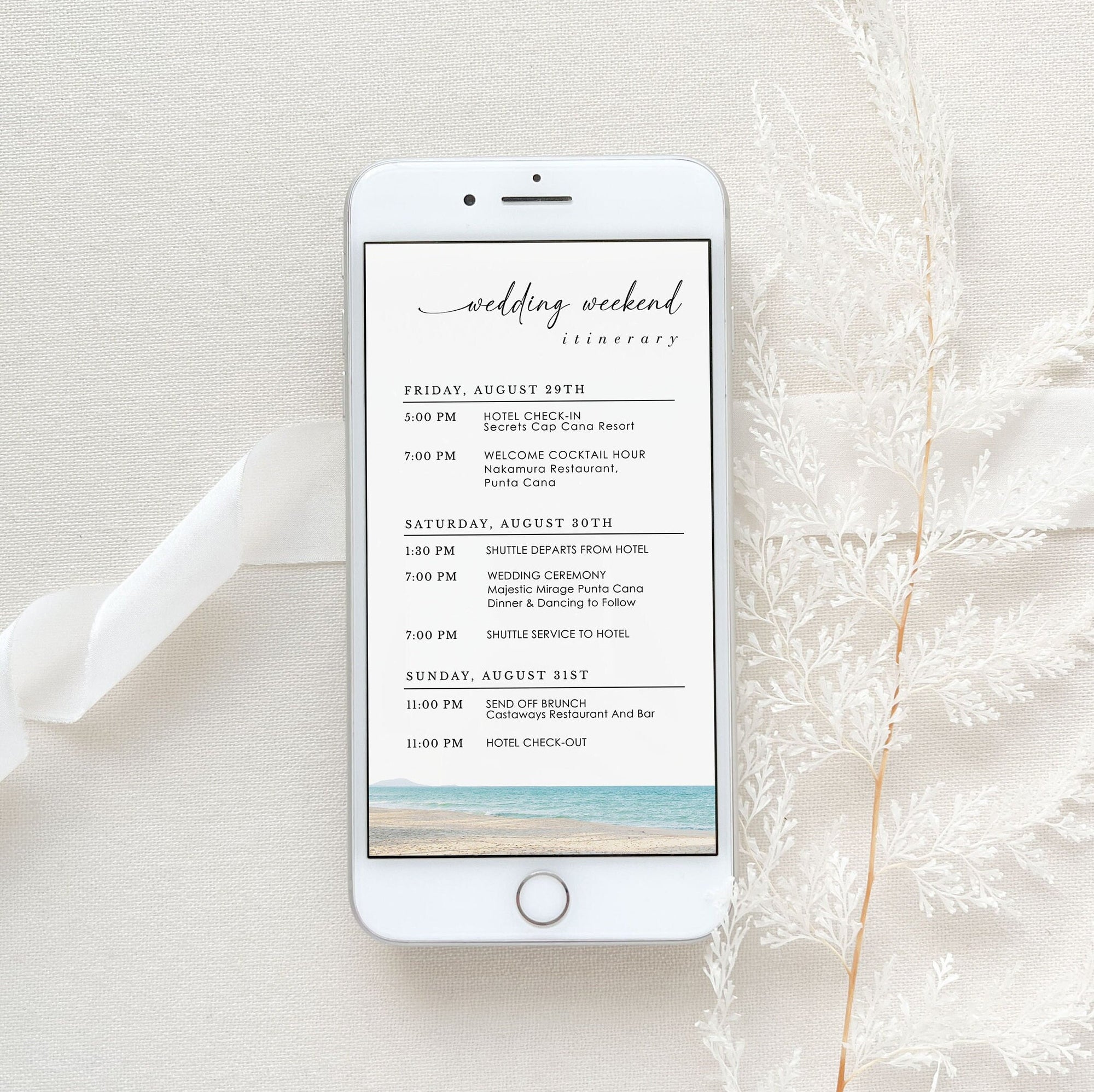 Beach Wedding Itinerary Template Digital Card