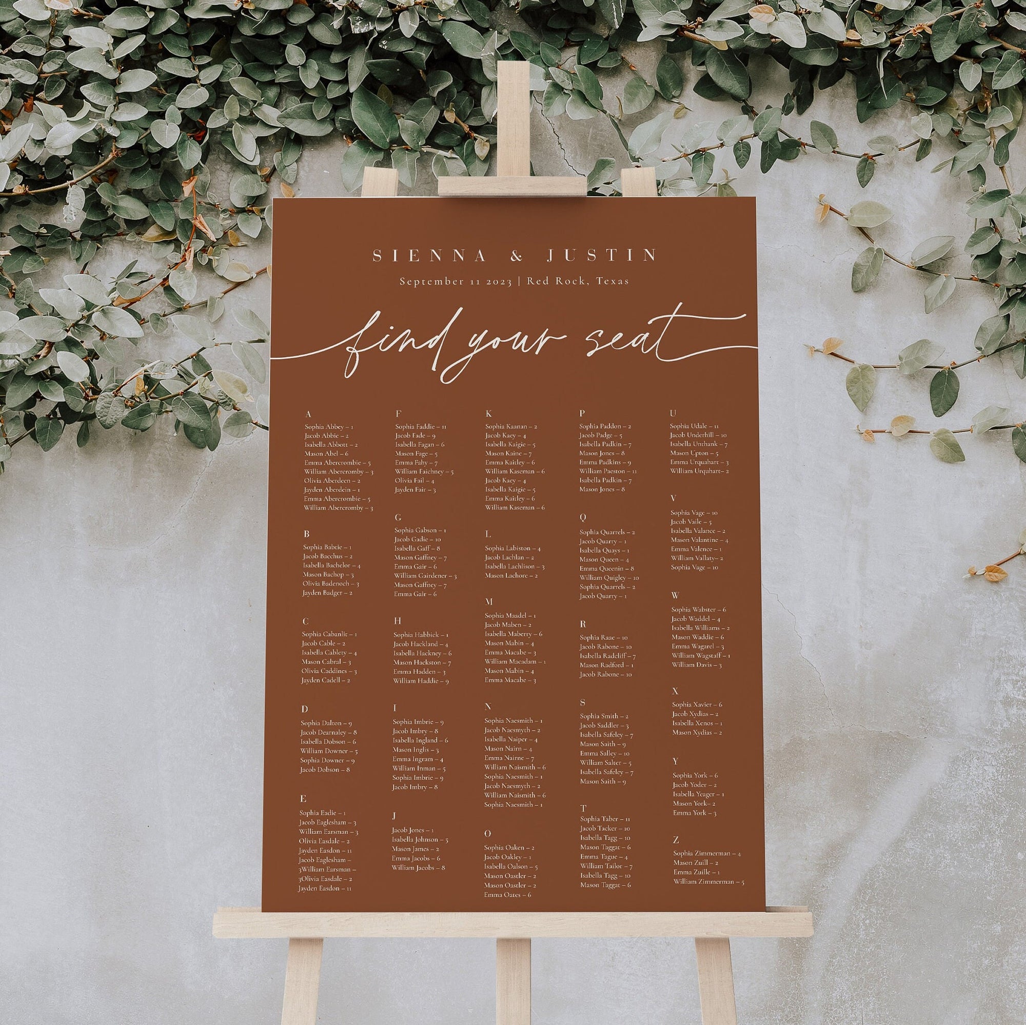 SIENNA Terracotta Seating Chart Template Alphabetical