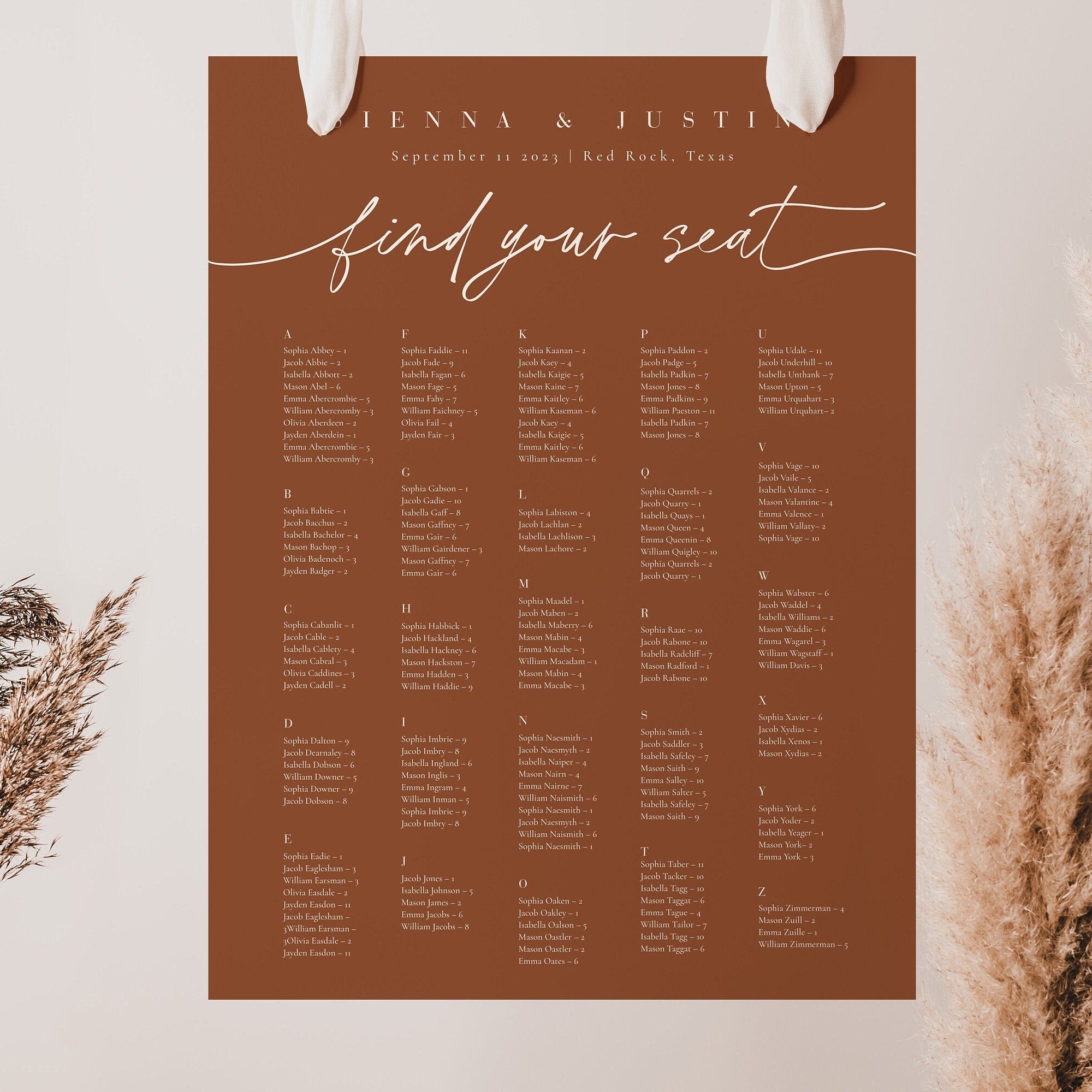 SIENNA Terracotta Seating Chart Template Alphabetical