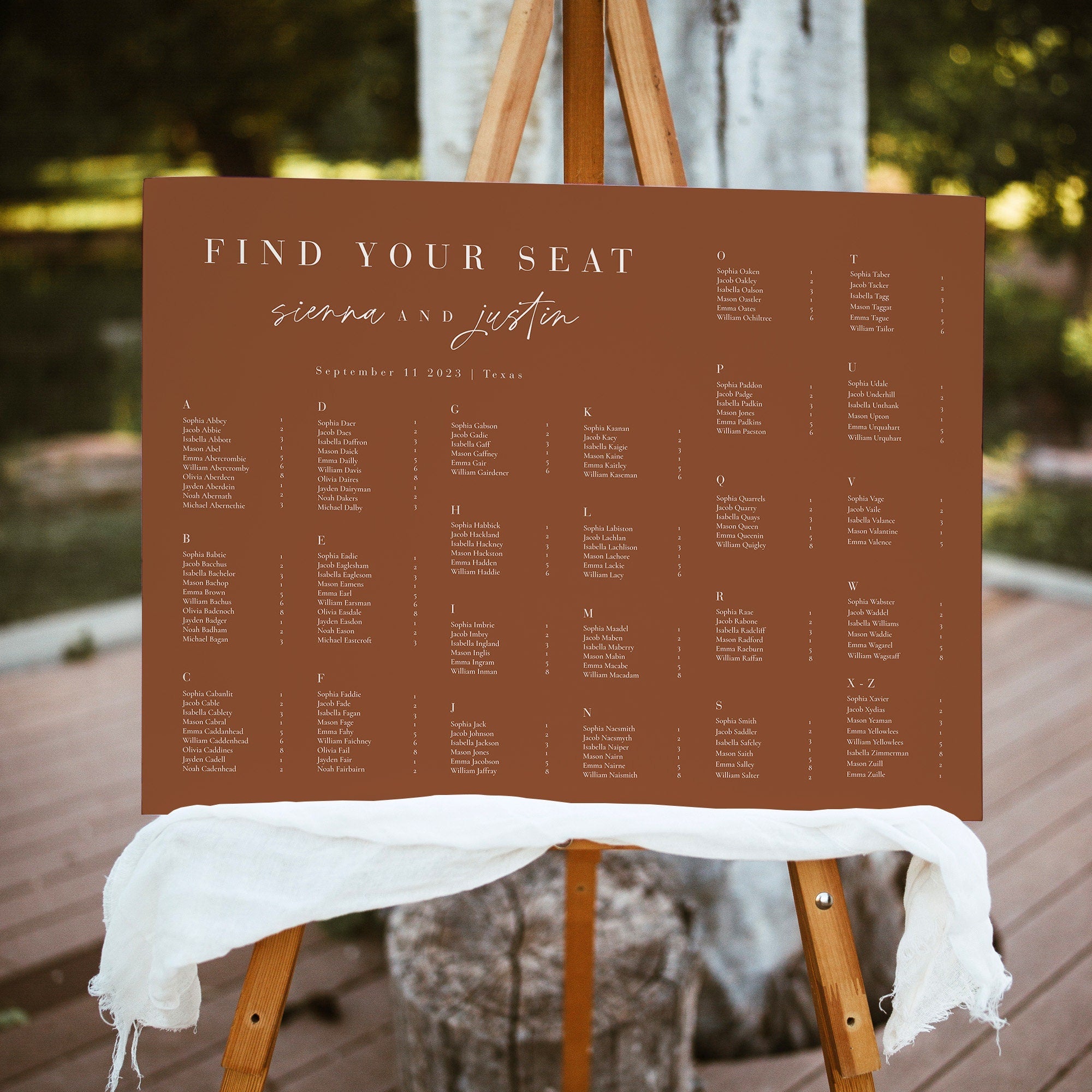 SIENNA Alphabetical Seating Chart Wedding Template
