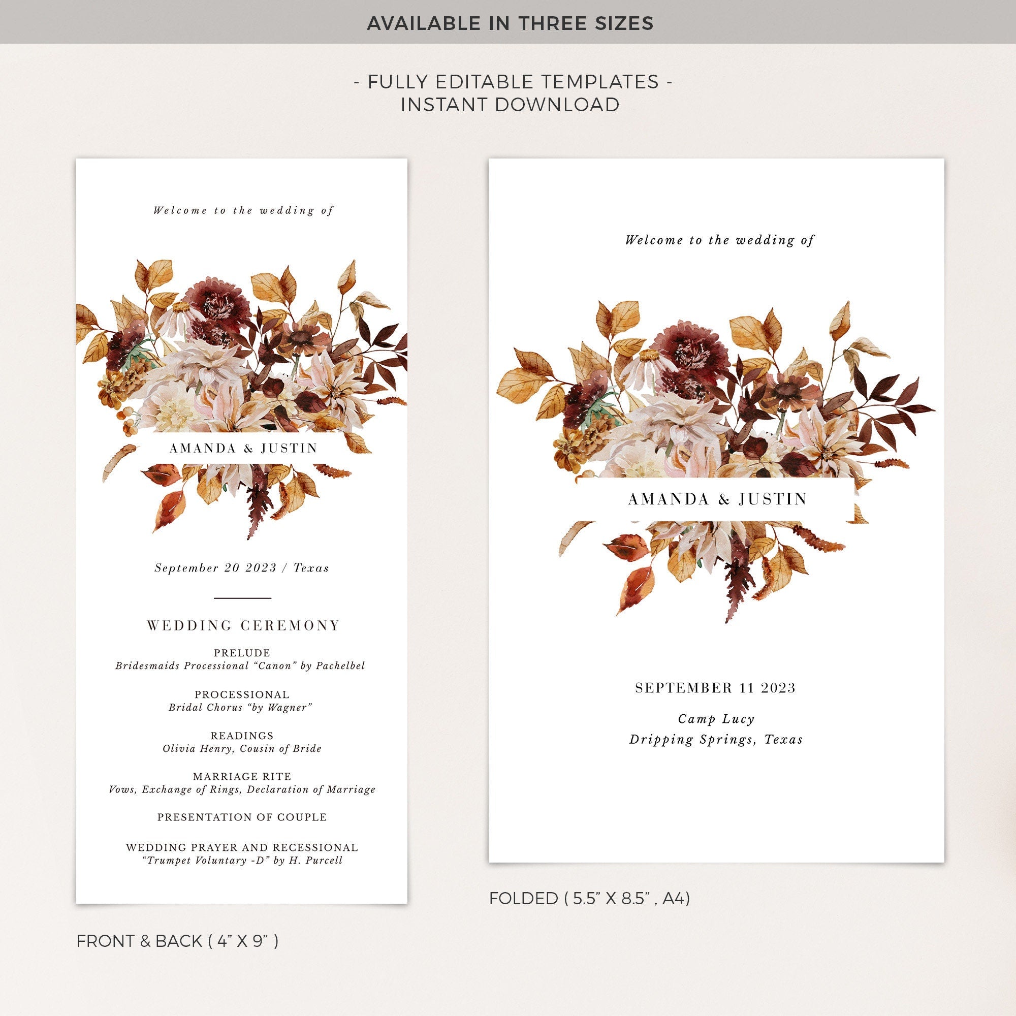 MARIGOLD Fall Wedding Program Template Bifold
