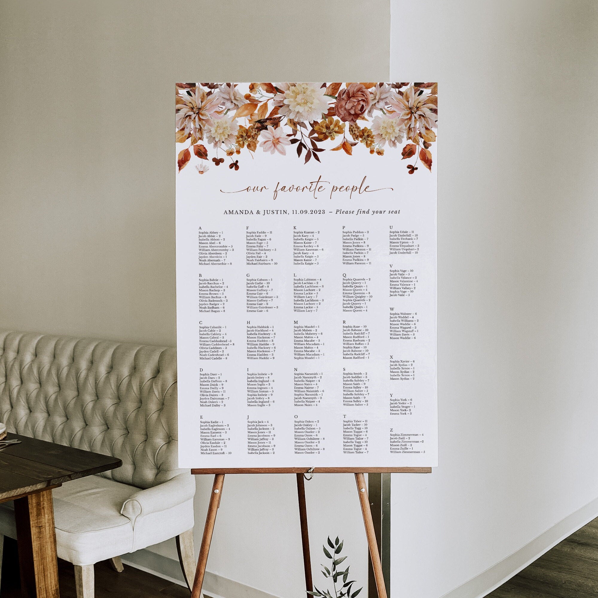 MARIGOLD alphabetical wedding seating chart template