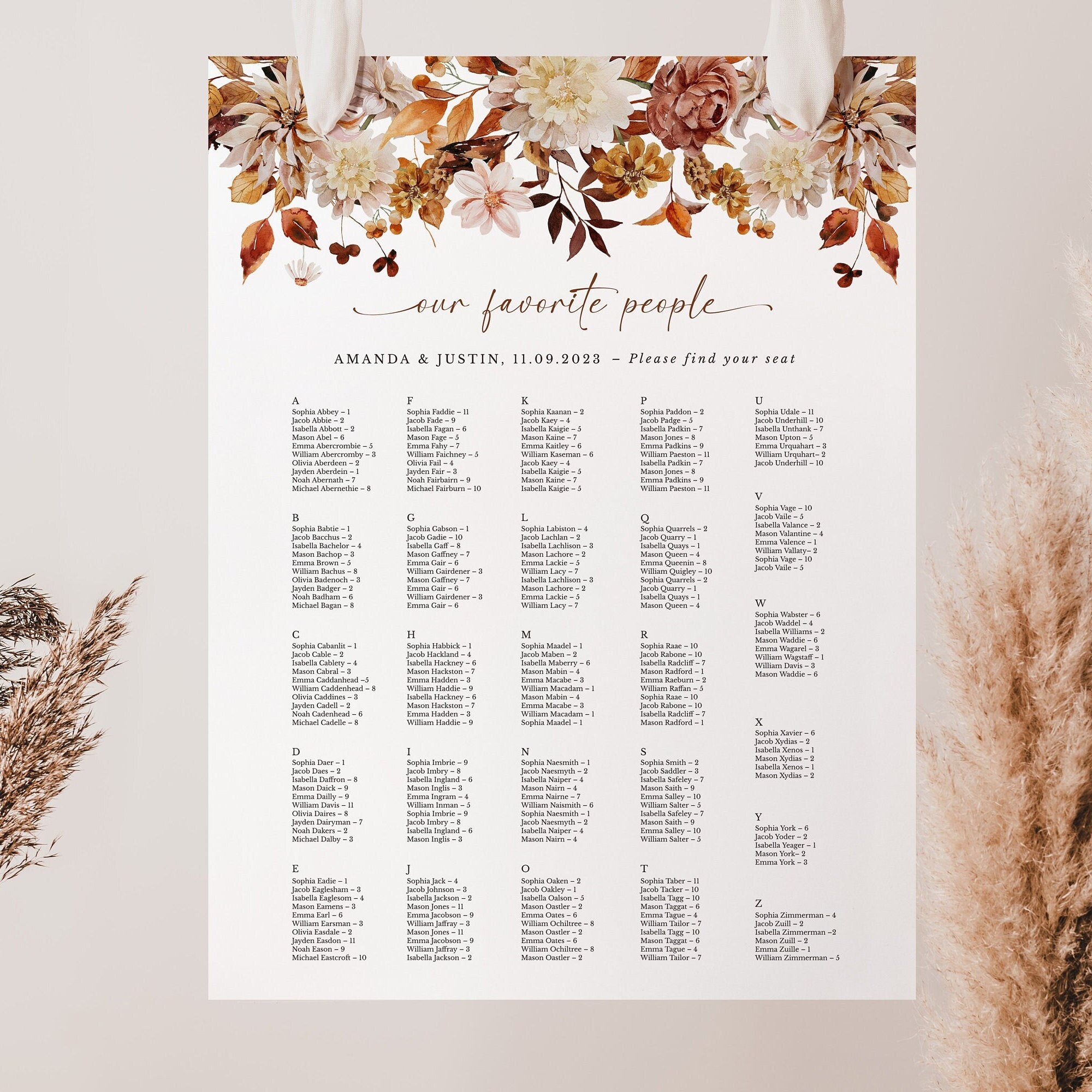 MARIGOLD alphabetical wedding seating chart template