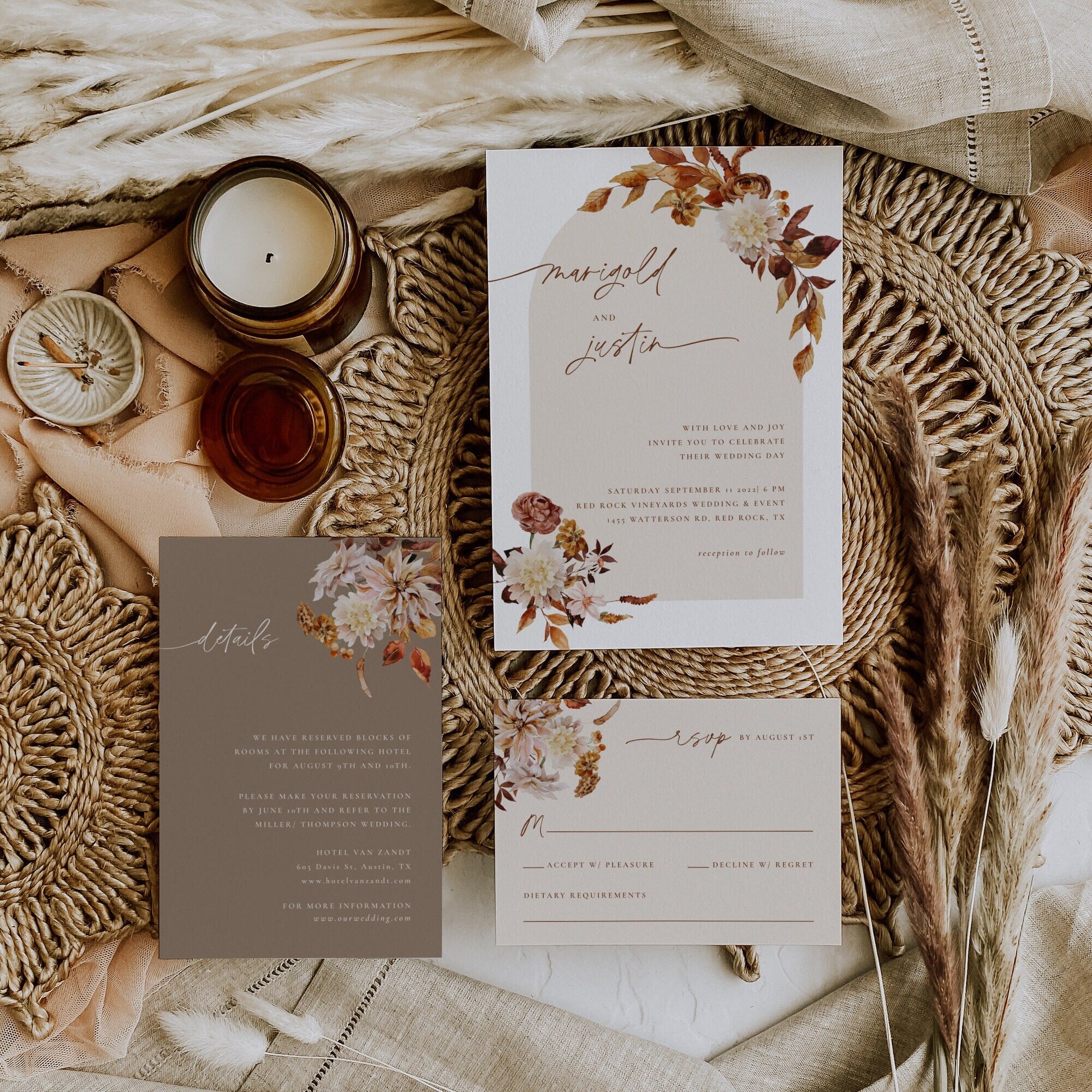 MARIGOLD Boho Fall Wedding Invitation Bundle Template