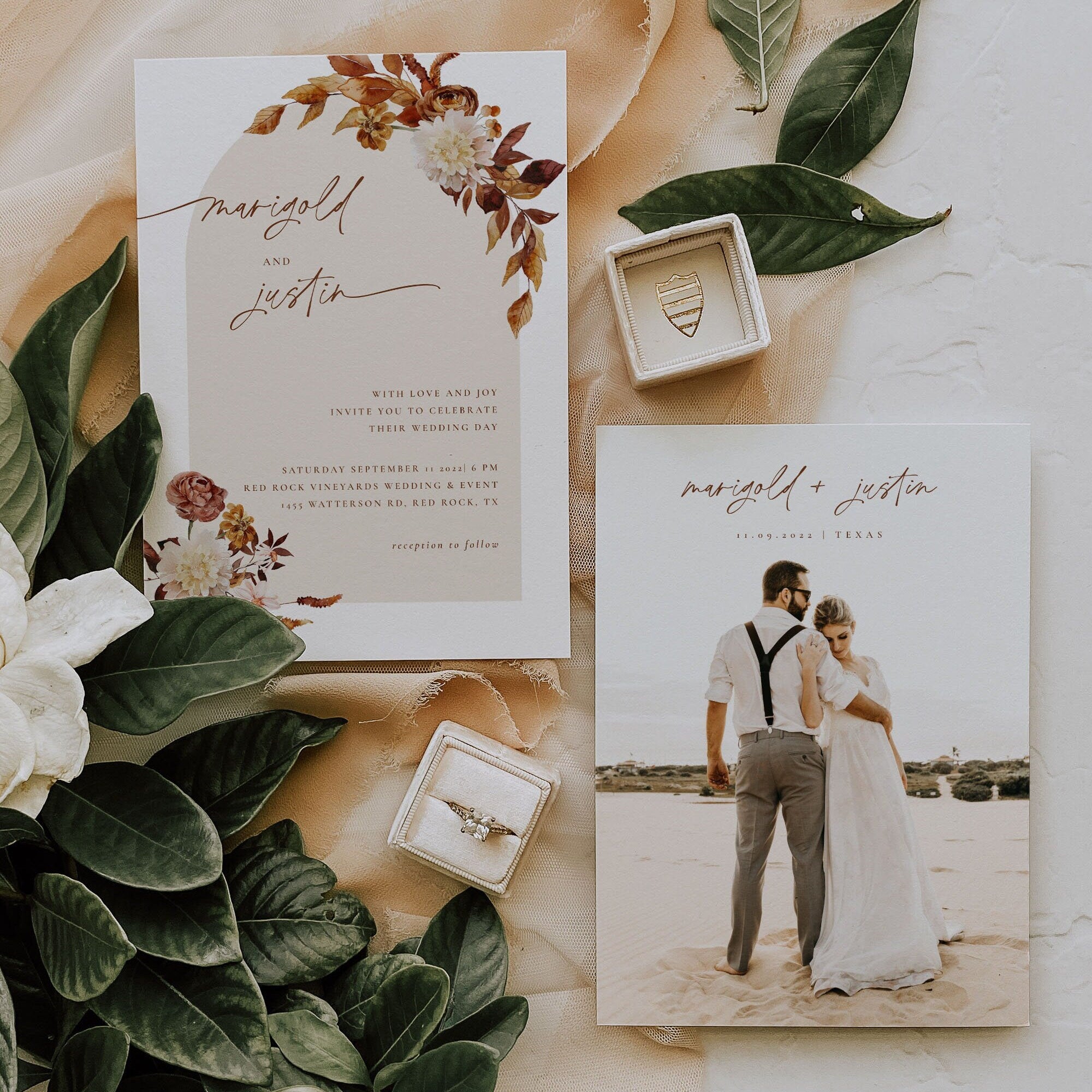 MARIGOLD Boho Fall Wedding Invitation Bundle Template