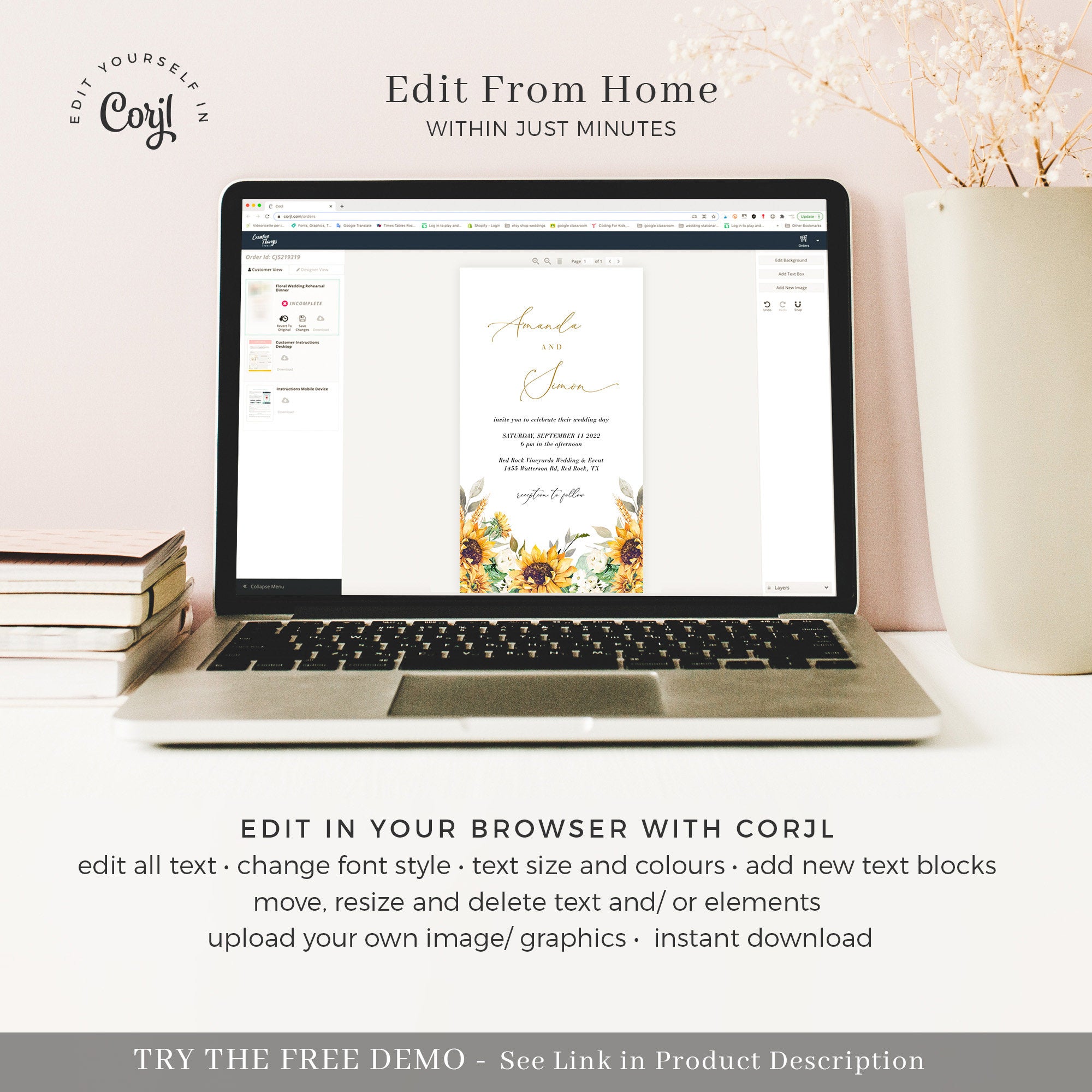 MARISOL Electronic Wedding Invitations with Sunflowers and Roses