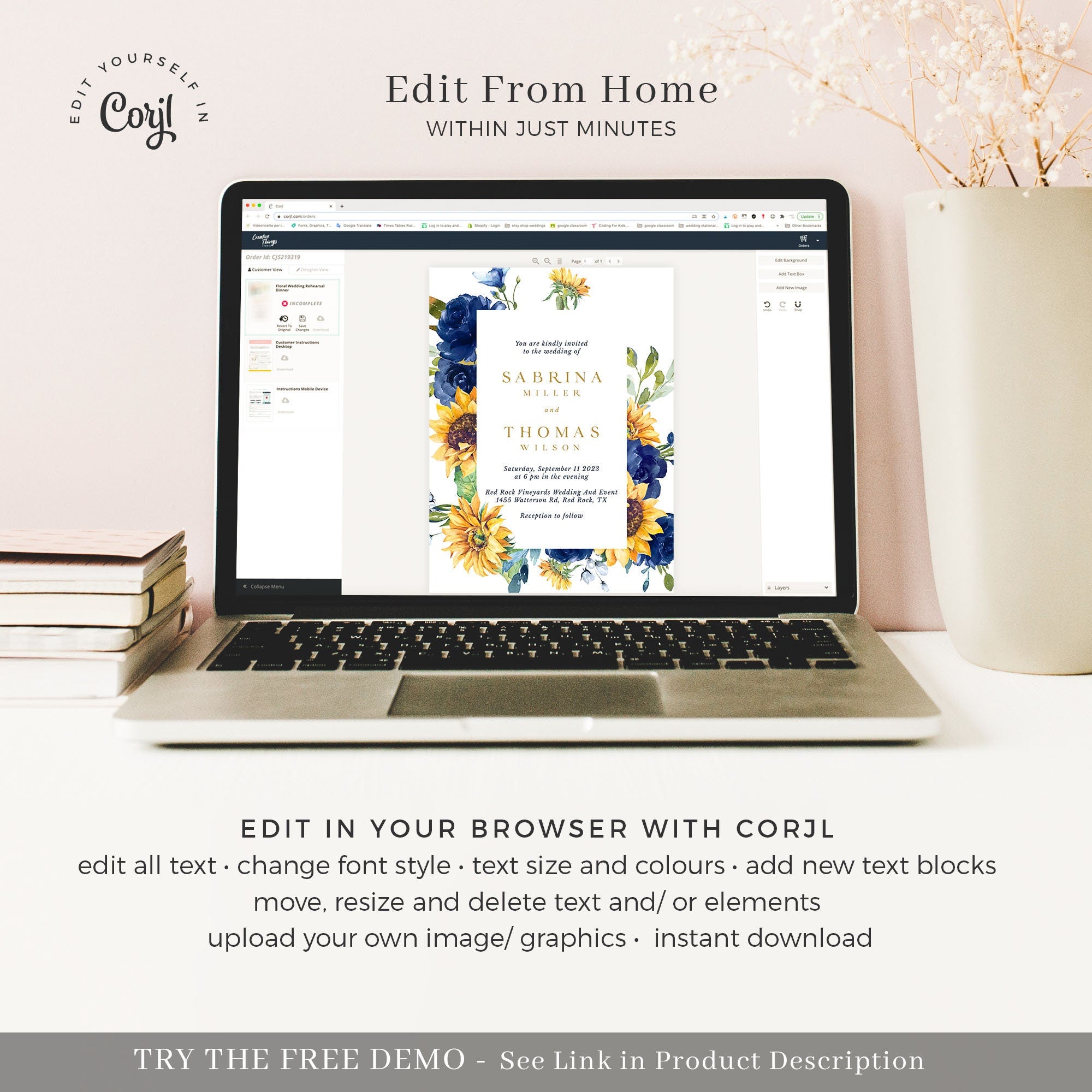 IVY Navy Blue and Sunflower Wedding Invitation Template