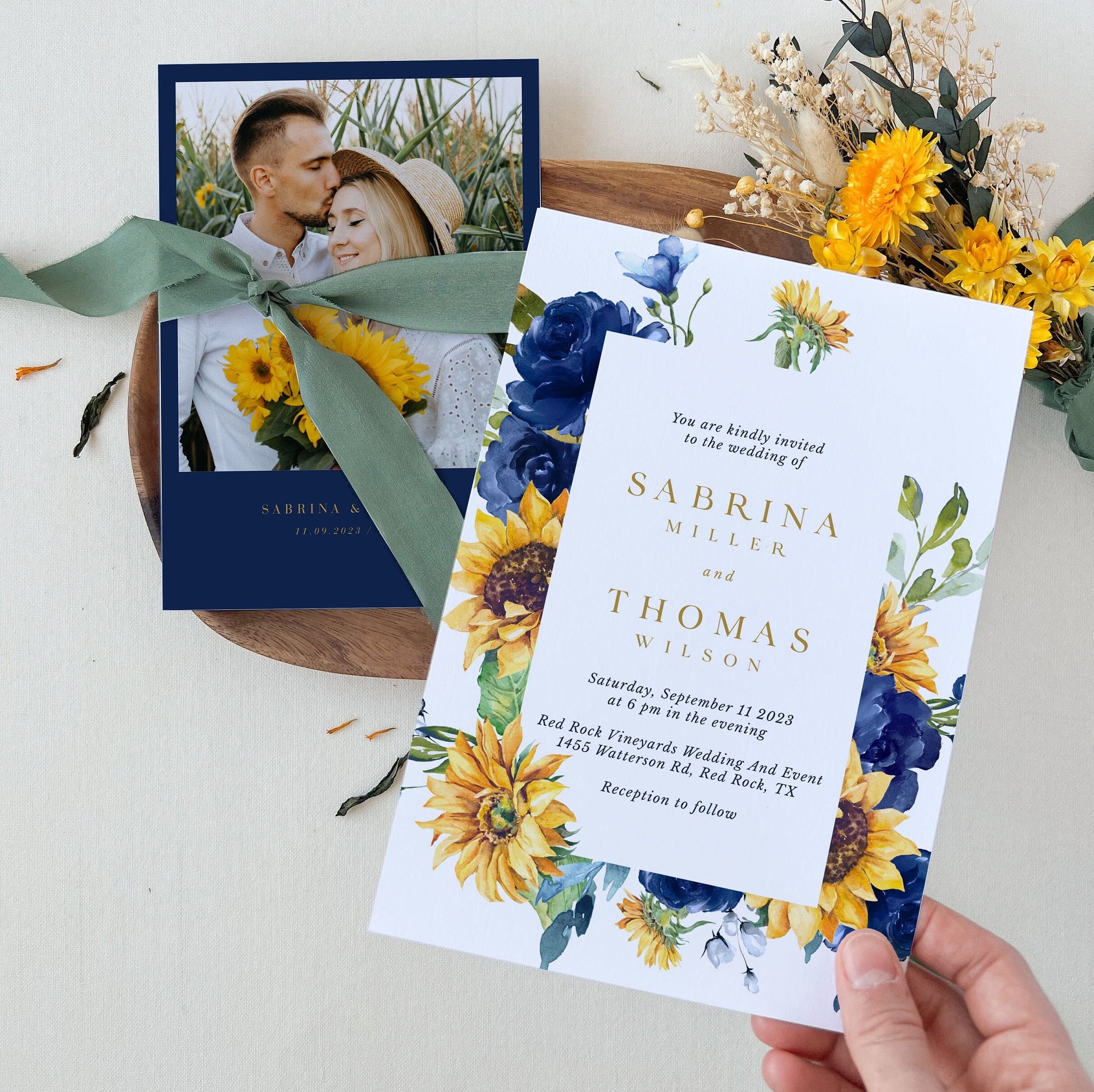 IVY Navy Blue and Sunflower Wedding Invitation Template