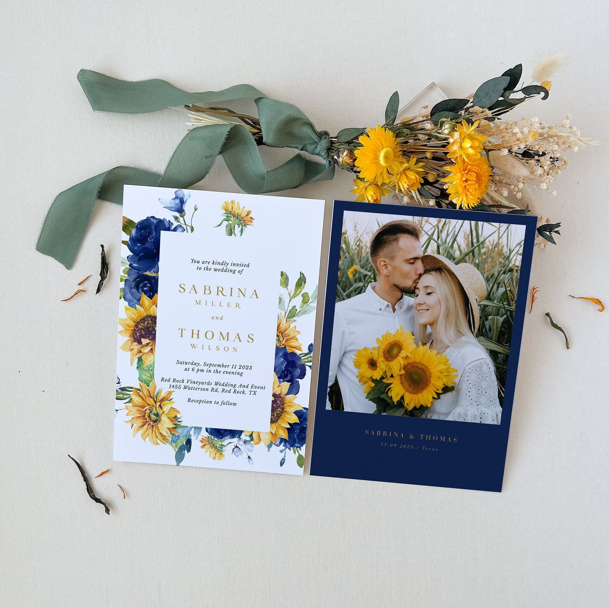 IVY Navy Blue and Sunflower Wedding Invitation Template