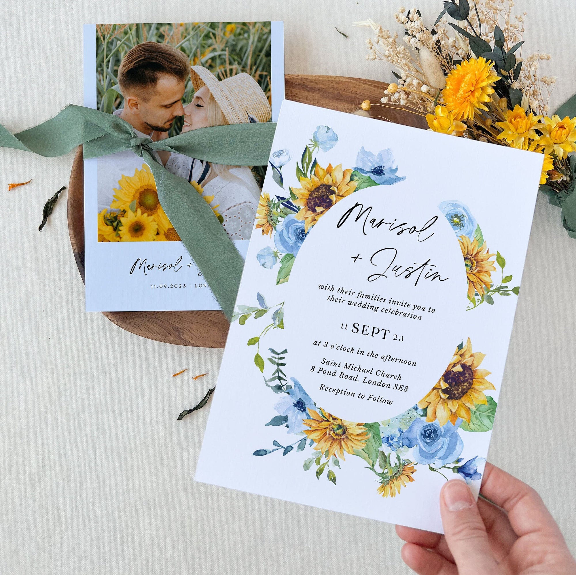 IVY Floral Wedding Invitation Card Template with Sunflowers