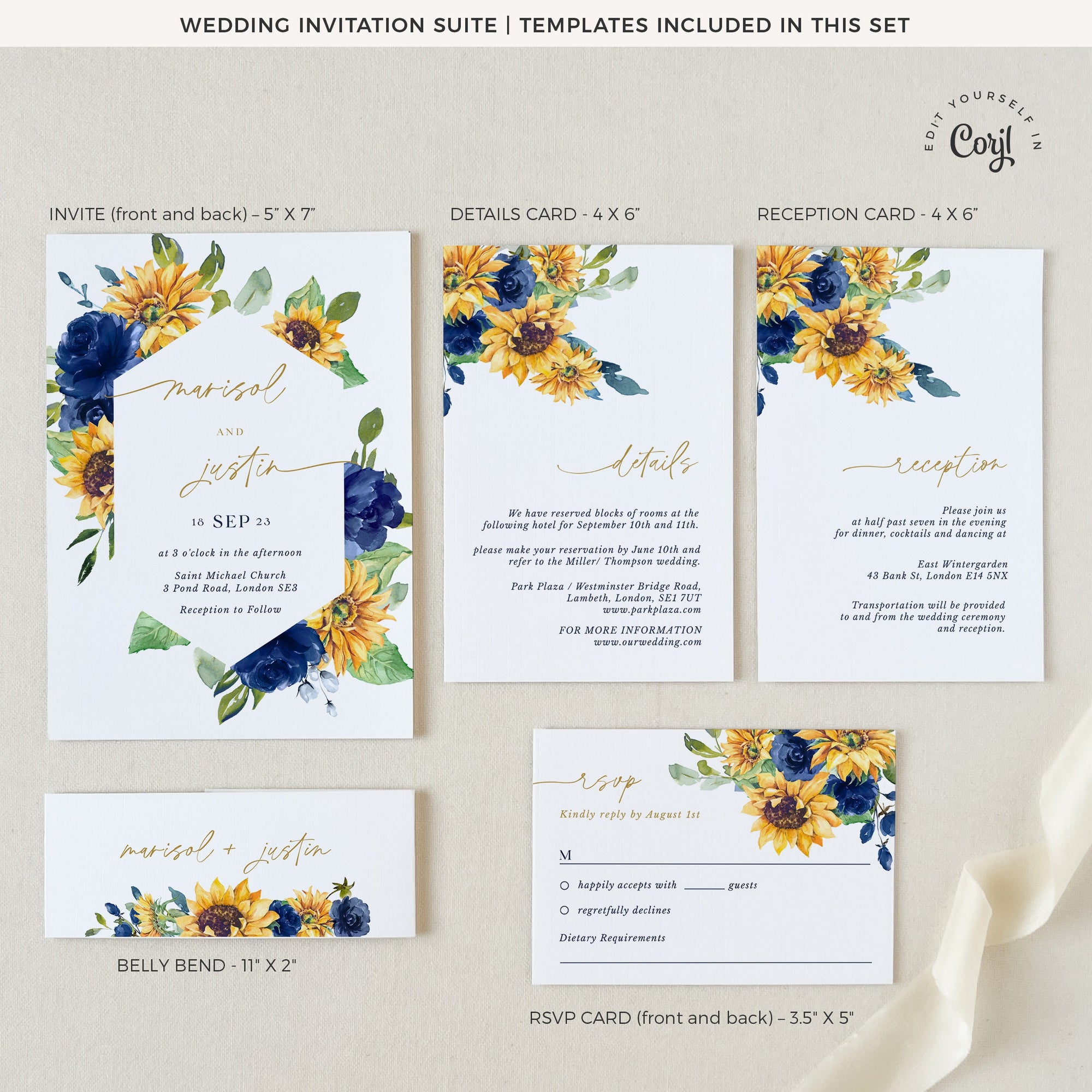 IVY Diy Wedding Invitations Set with Sunflowers and Blue Roses
