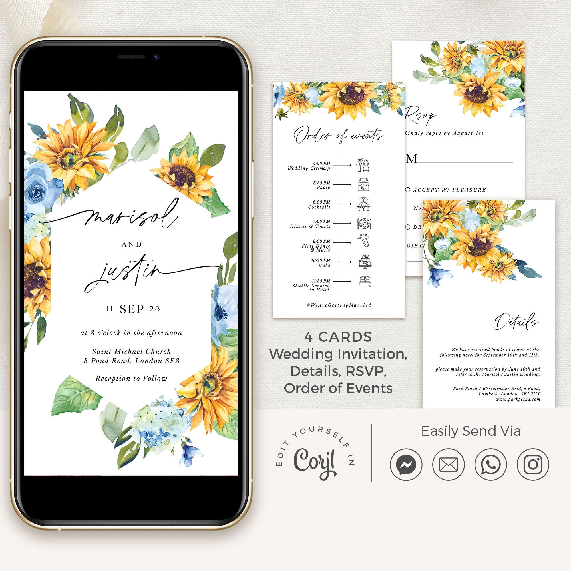 IVY Dusty Blue and Yellow Wedding Invites Digital