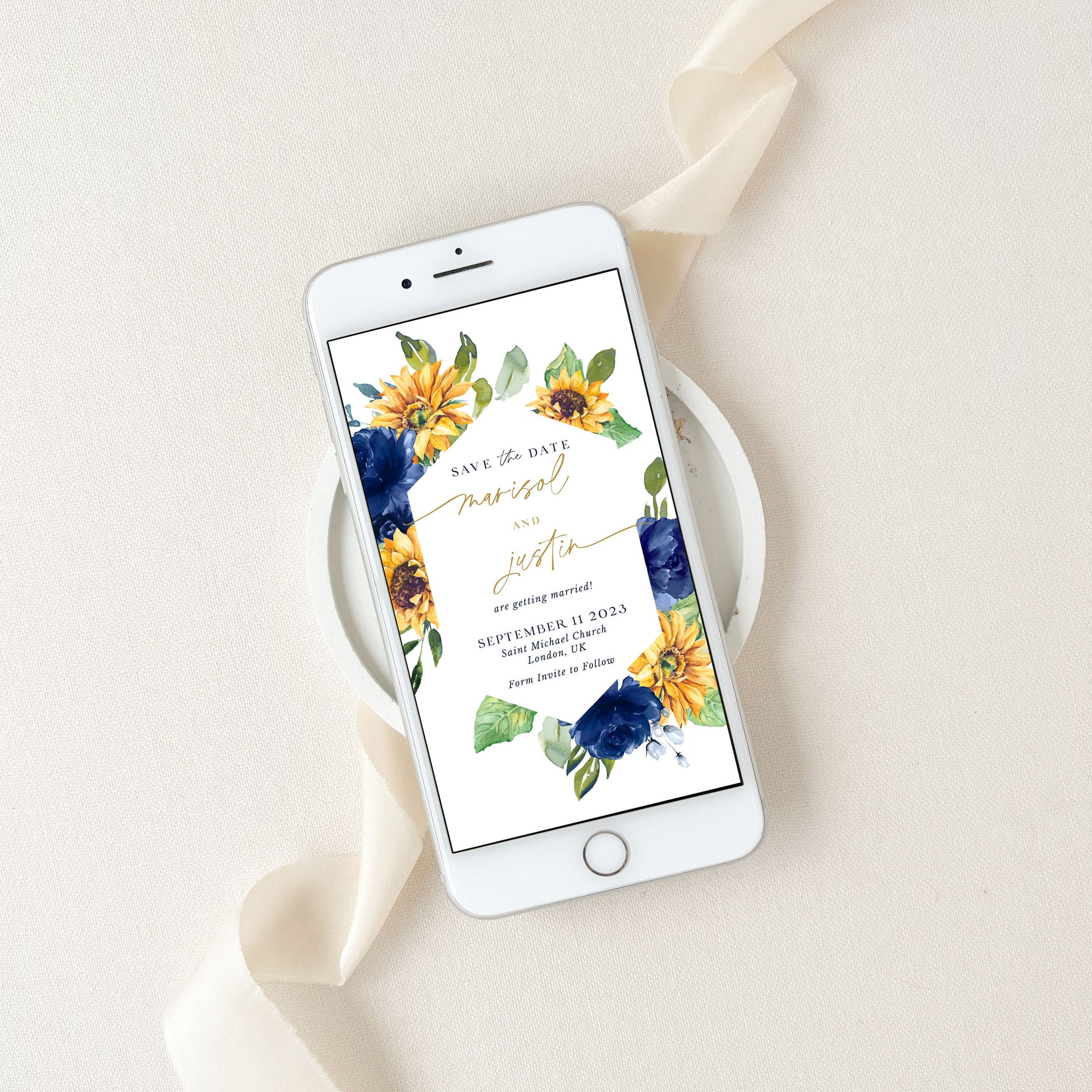 IVY Digital Sunflowers Save the Date Blue and Yellow