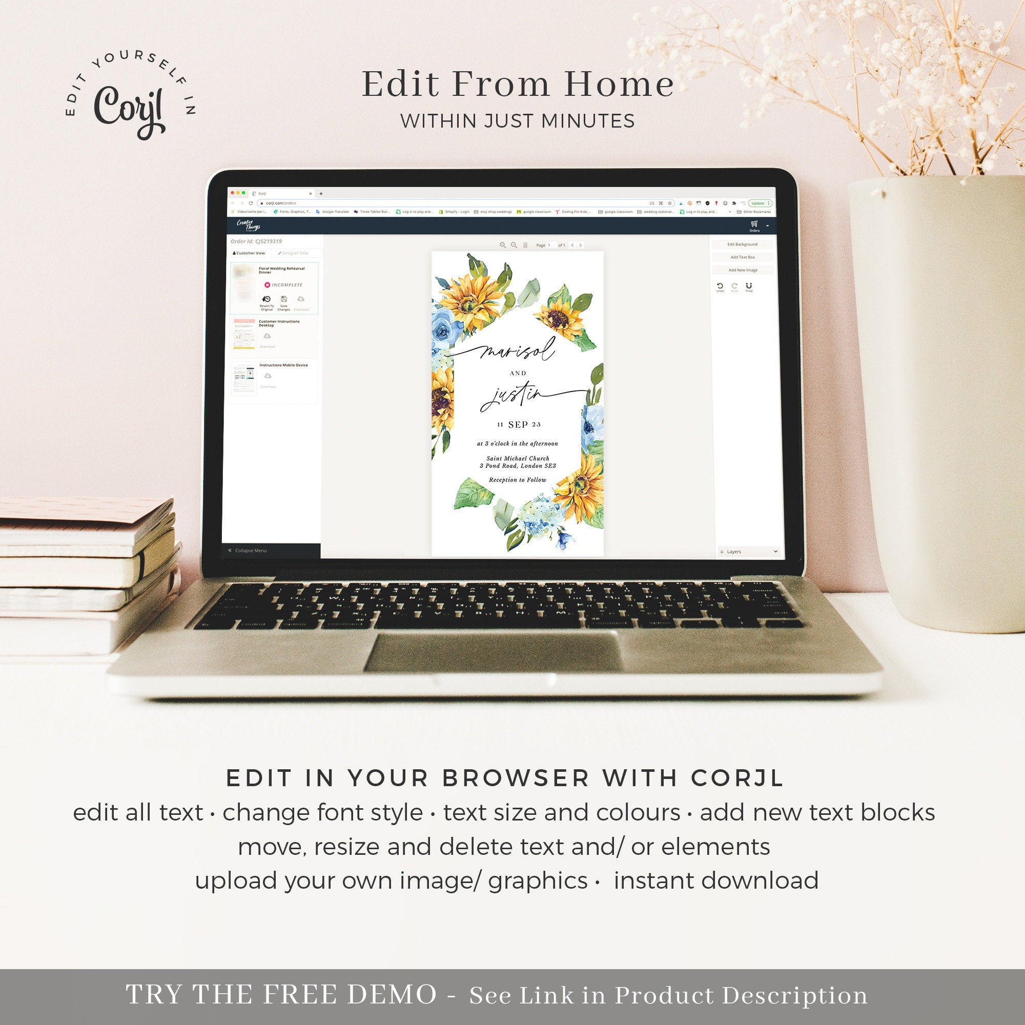 IVY Dusty Blue and Yellow Wedding Invites Digital