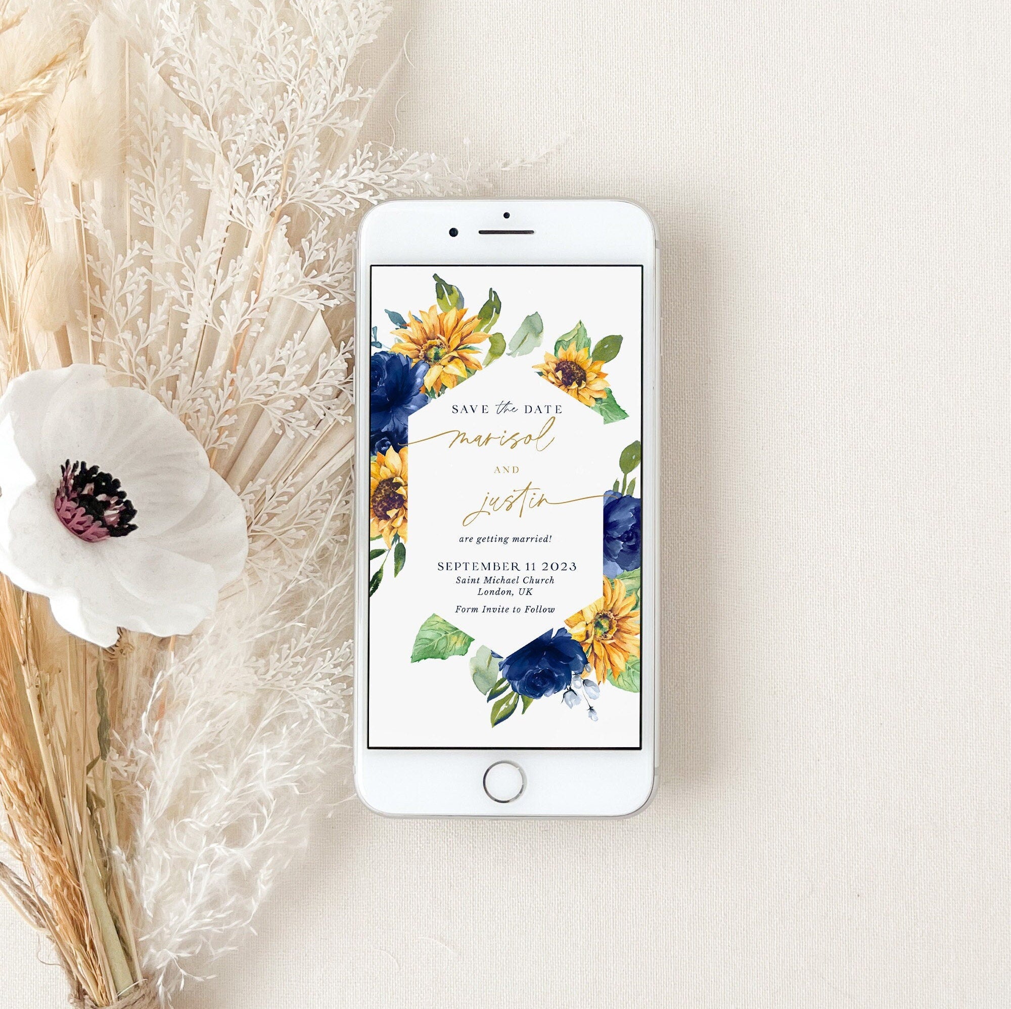 IVY Digital Sunflowers Save the Date Blue and Yellow