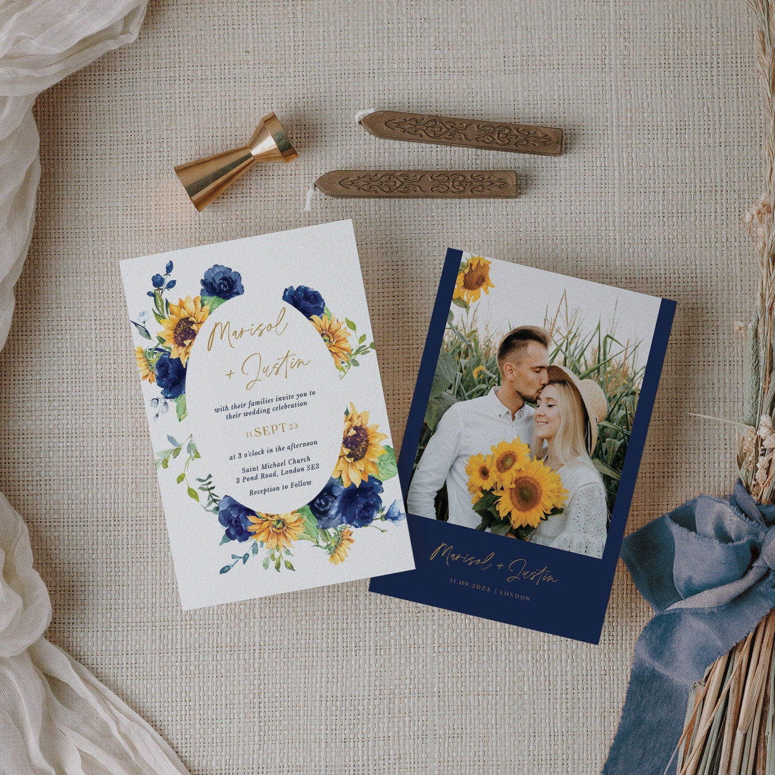 IVY Navy Blue Yellow Wedding Invitations Suite Template