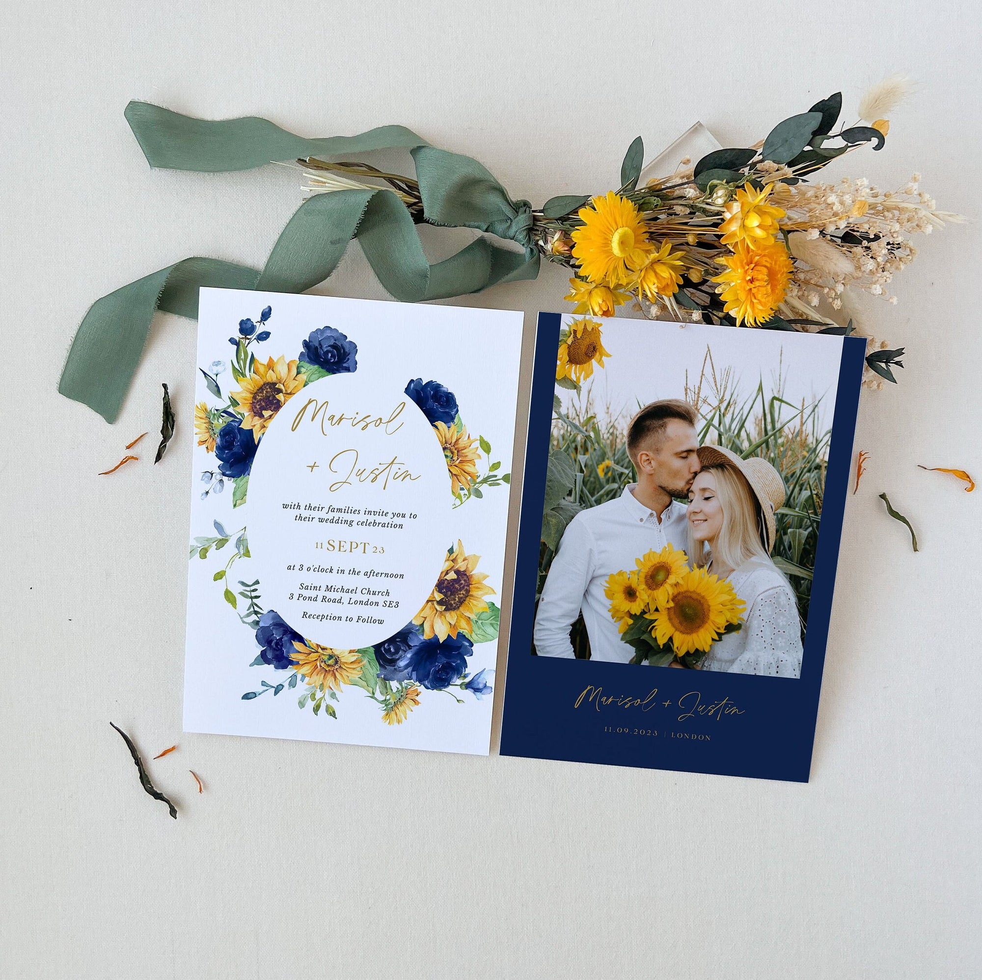 IVY Navy Blue Yellow Wedding Invitations Suite Template