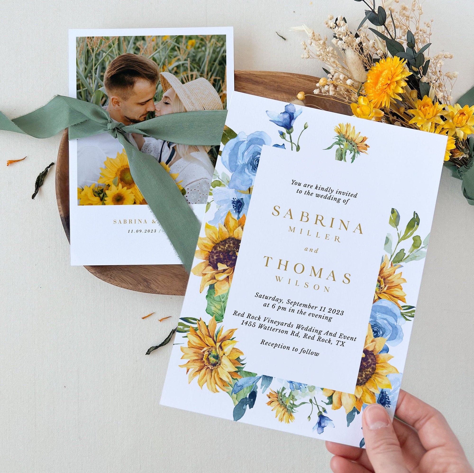 IVY Dusty Blue and Yellow Wedding Invites Set Template