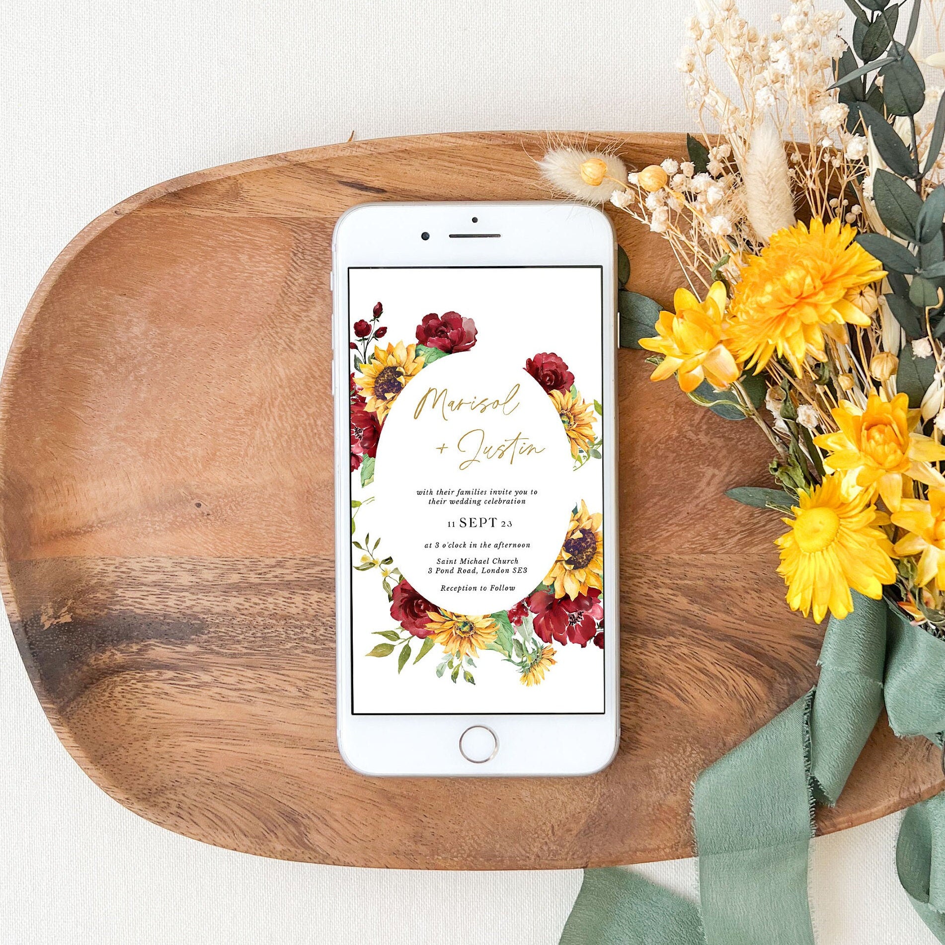 RUBY Digital Wedding Invitations Red Roses and Sunflowers