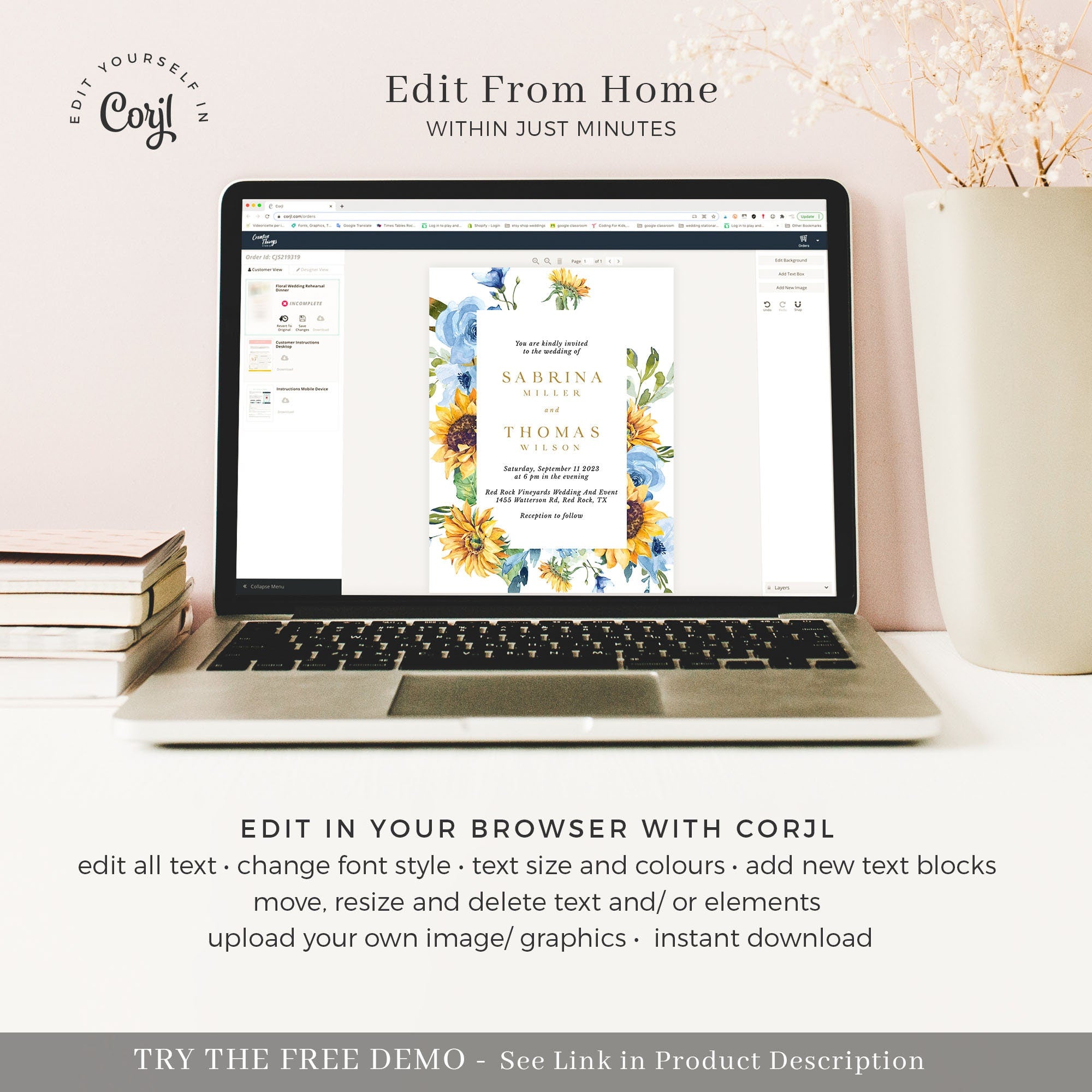 IVY Dusty Blue and Yellow Wedding Invites Set Template