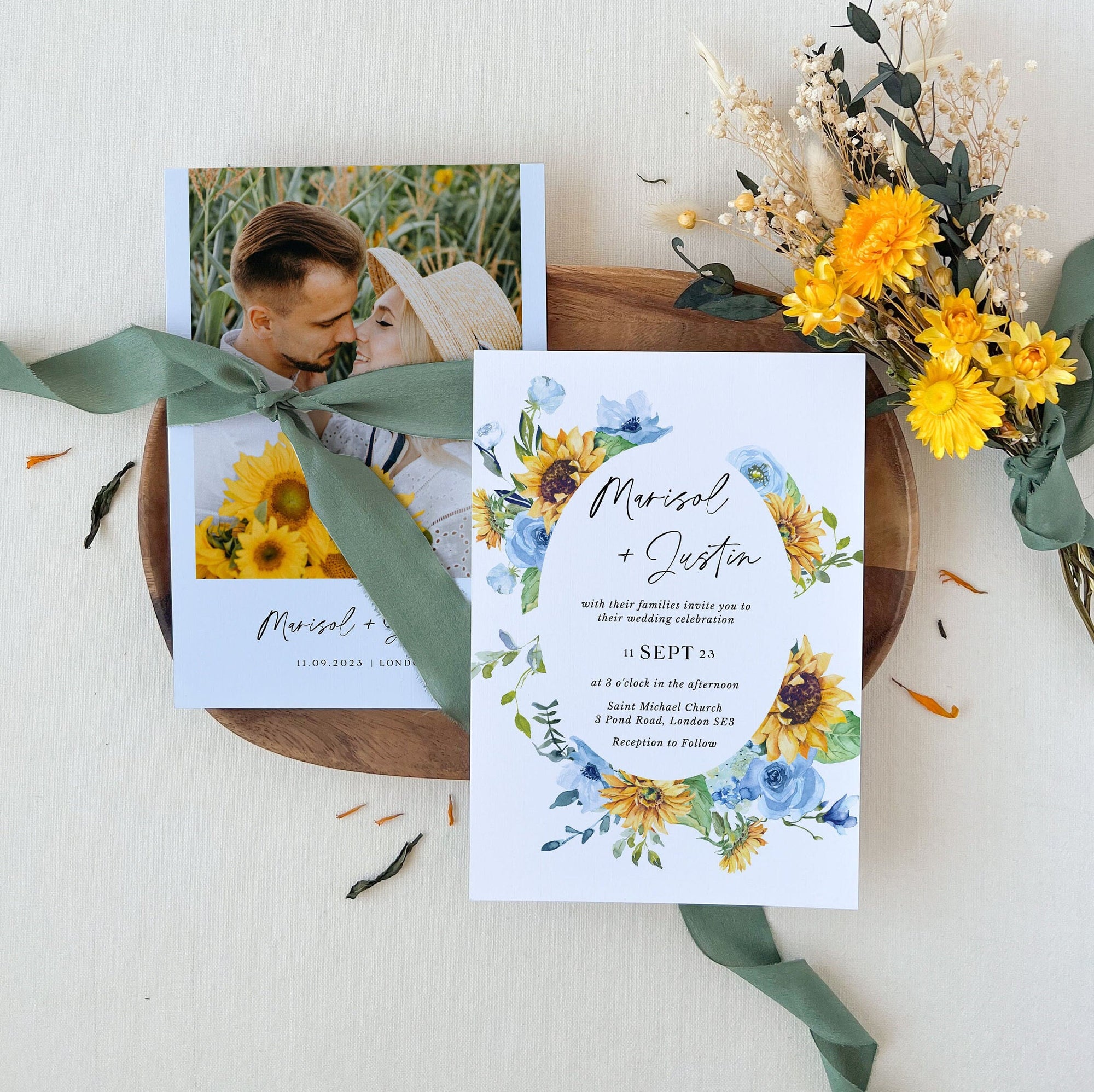 IVY Floral Wedding Invitation Card Template with Sunflowers