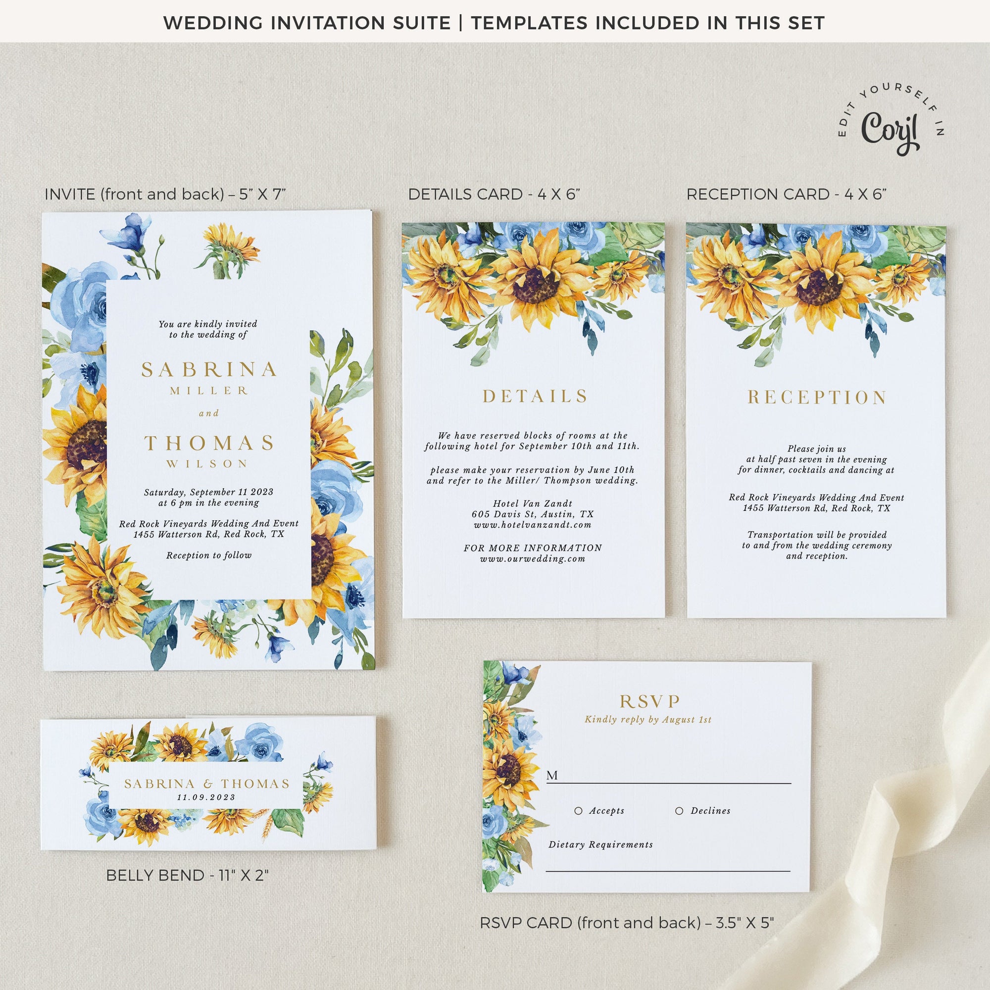 IVY Dusty Blue and Yellow Wedding Invites Set Template