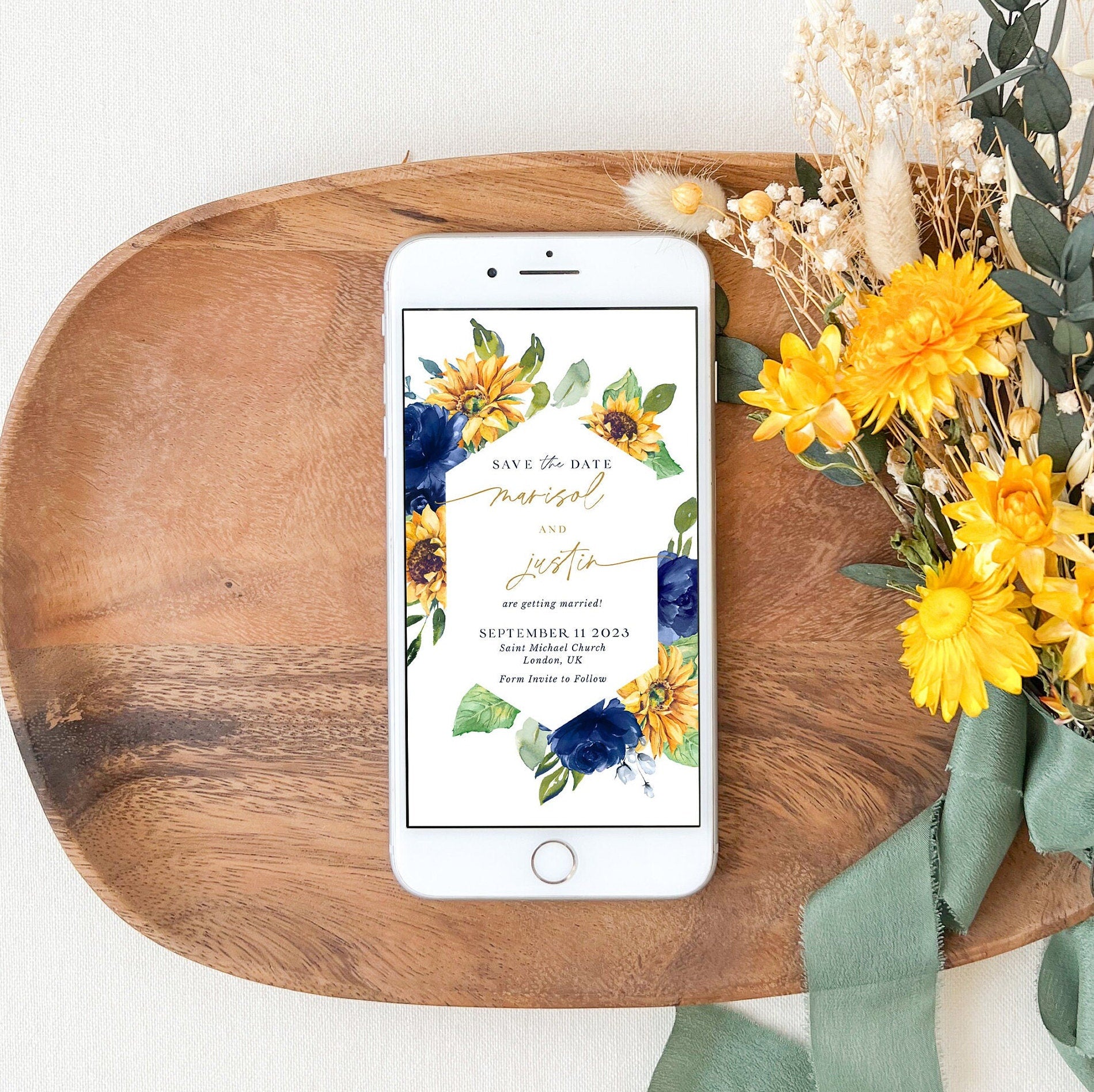 IVY Digital Sunflowers Save the Date Blue and Yellow