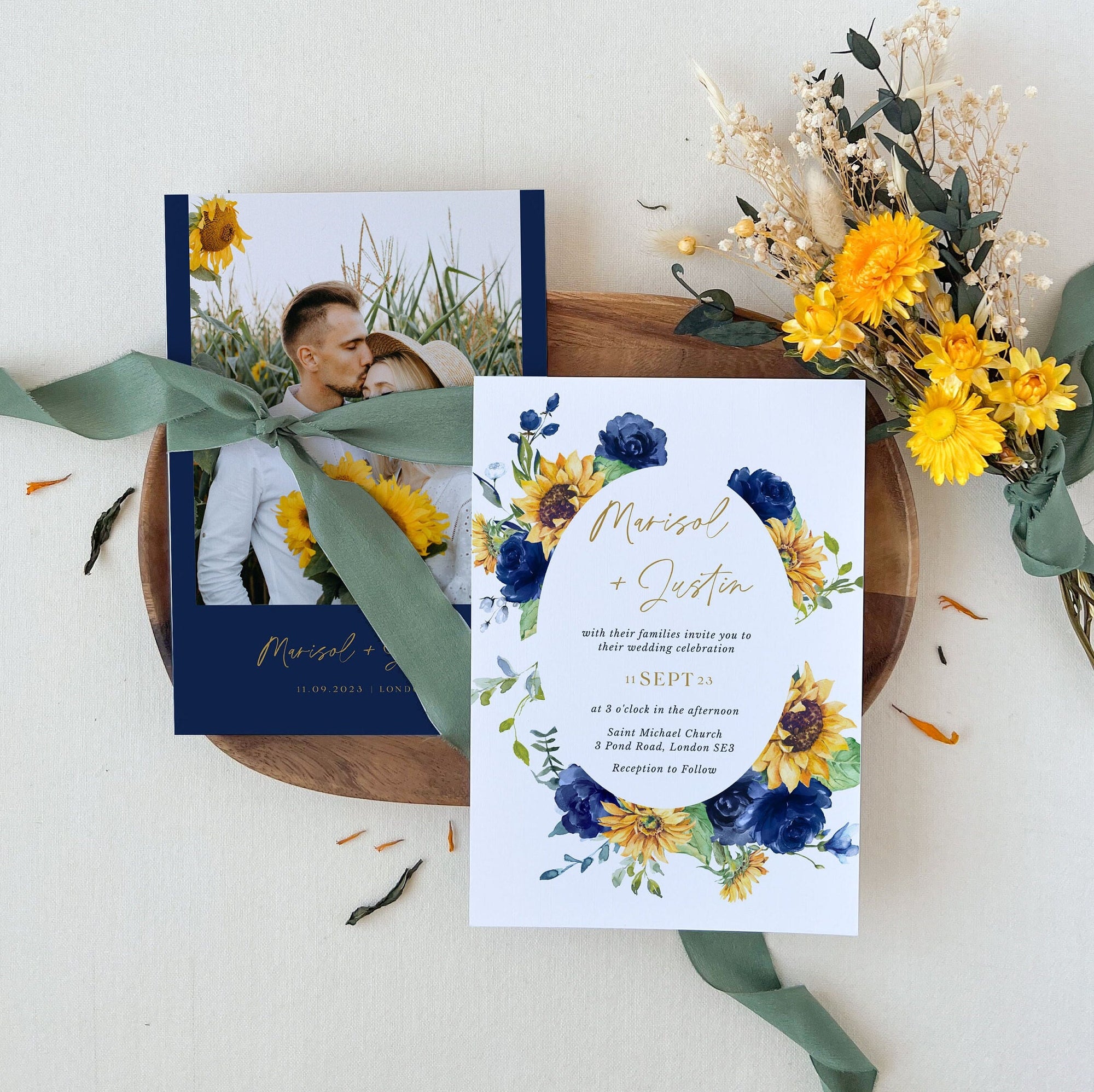 IVY Navy Blue Yellow Wedding Invitations Suite Template