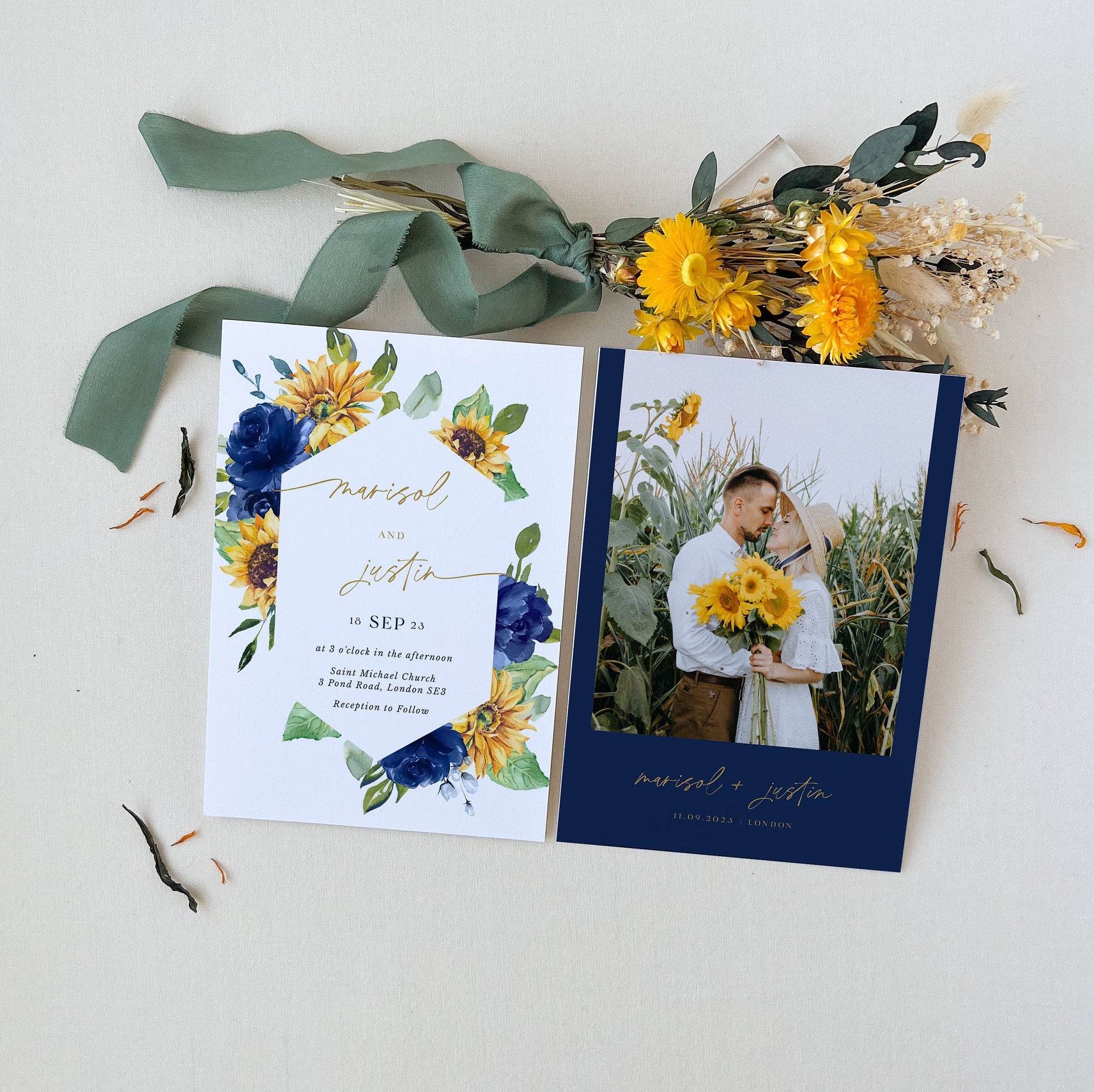 IVY Diy Wedding Invitations Set with Sunflowers and Blue Roses