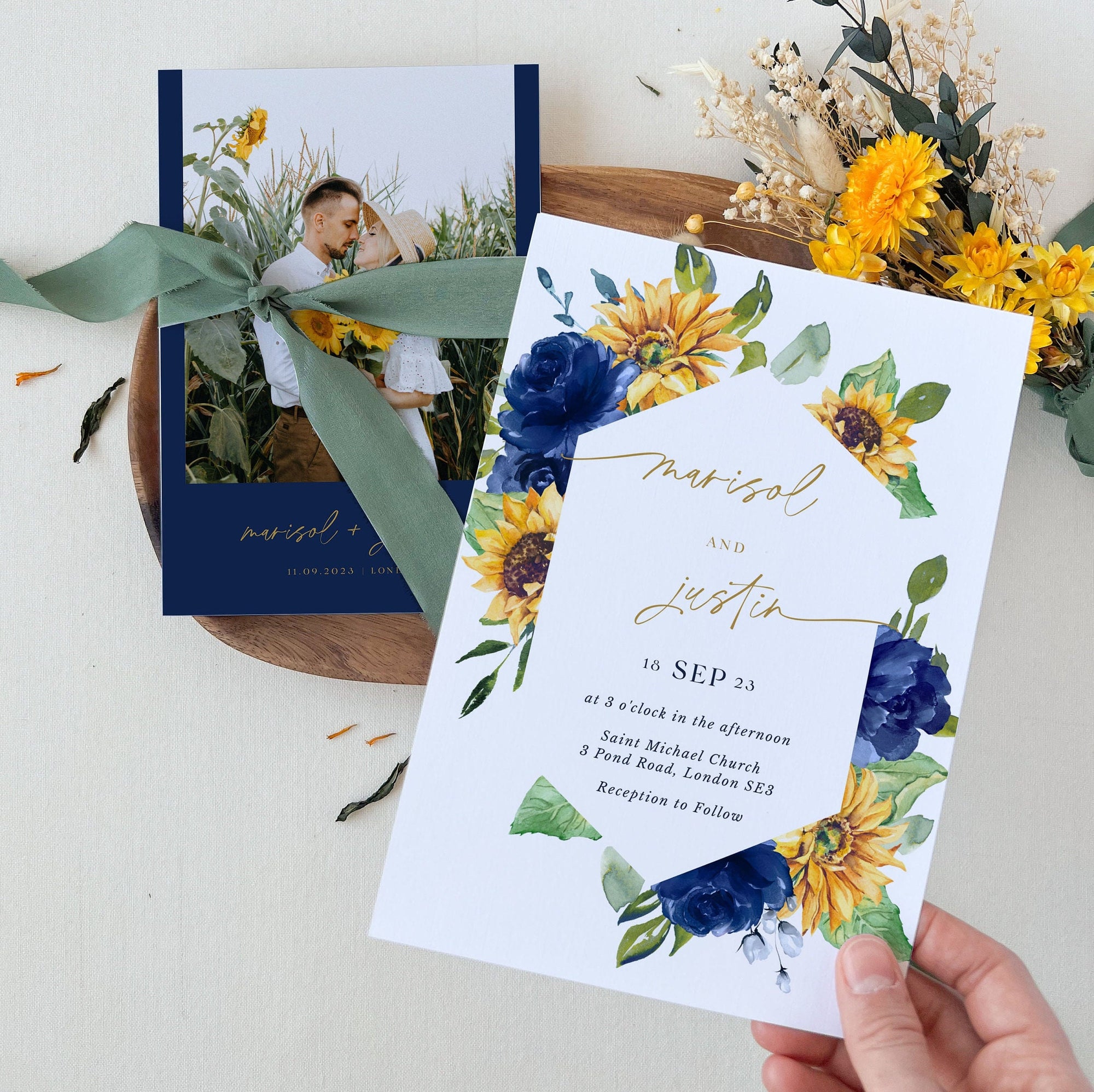 IVY Diy Wedding Invitations Set with Sunflowers and Blue Roses