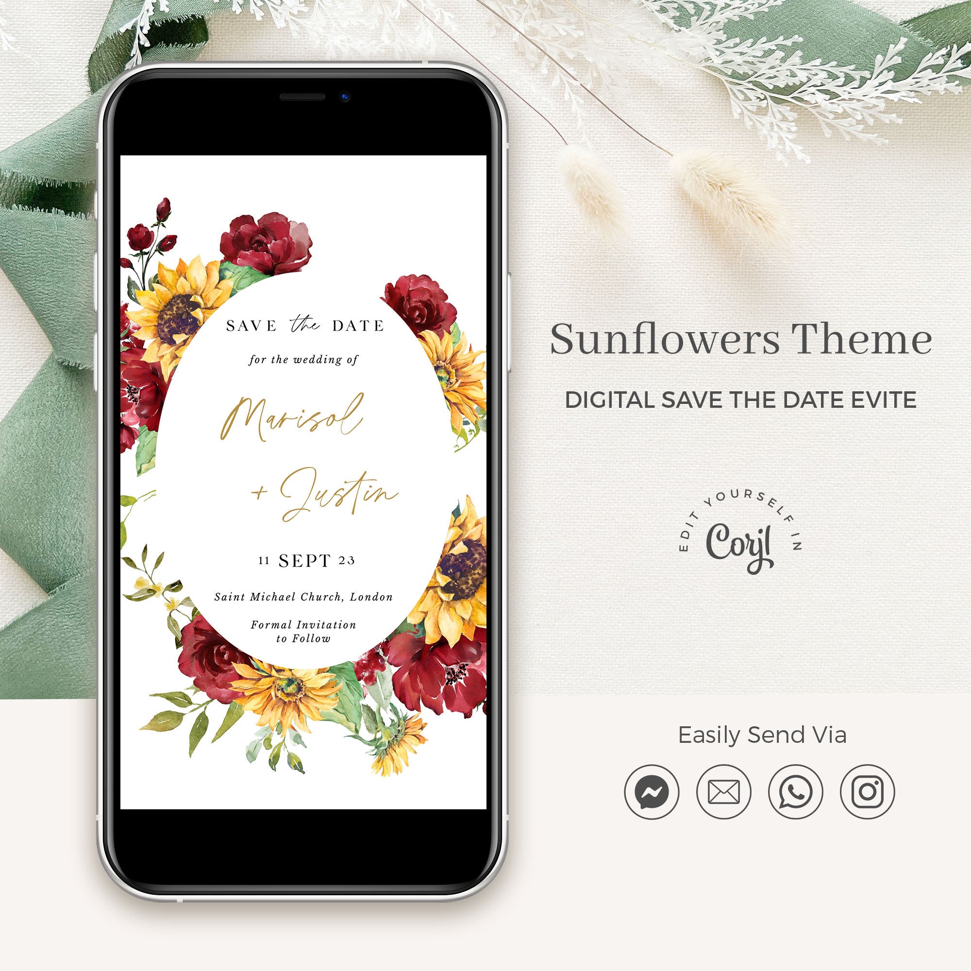 RUBY Sunflower and Roses Wedding Save the Date Digital Invite