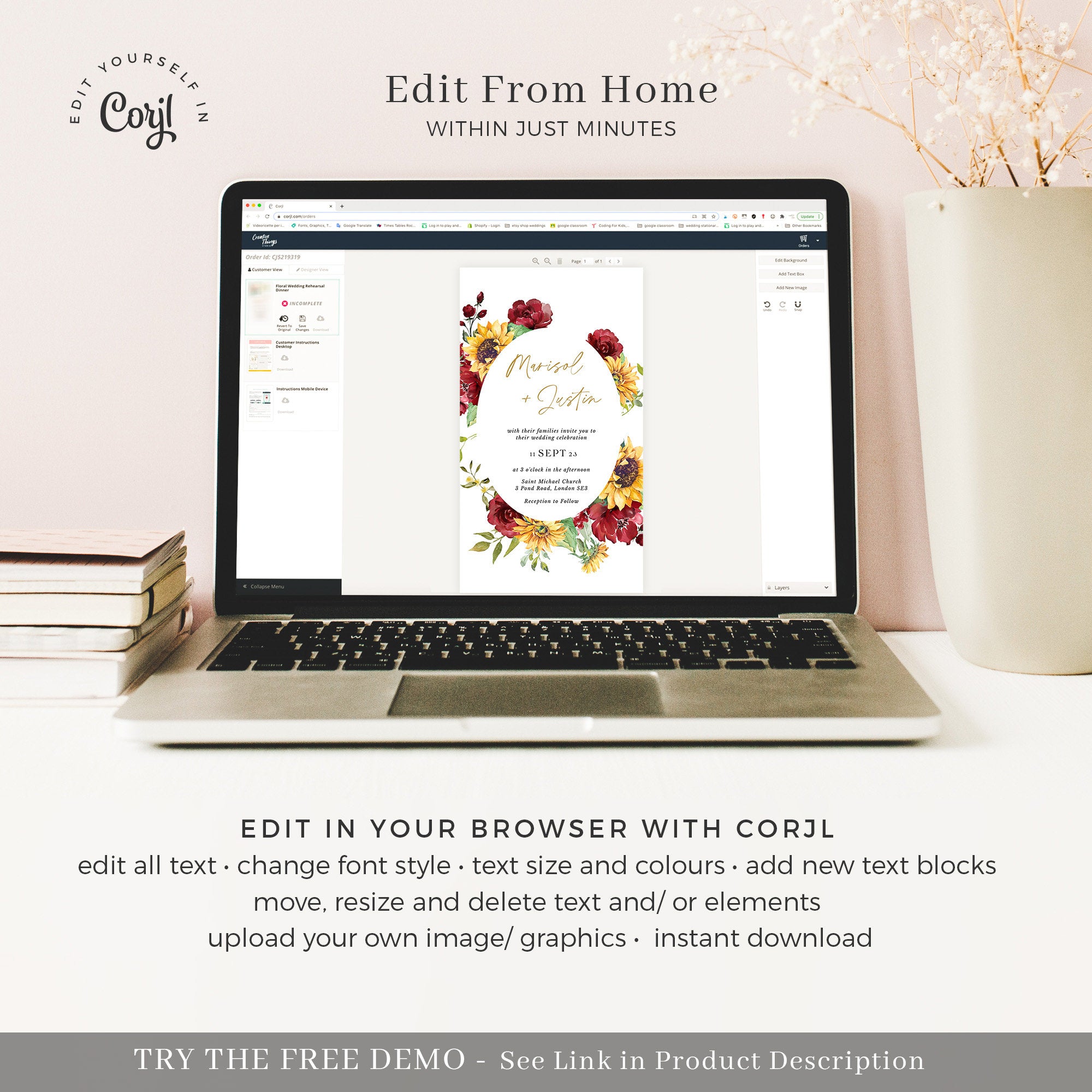 RUBY Digital Wedding Invitations Red Roses and Sunflowers