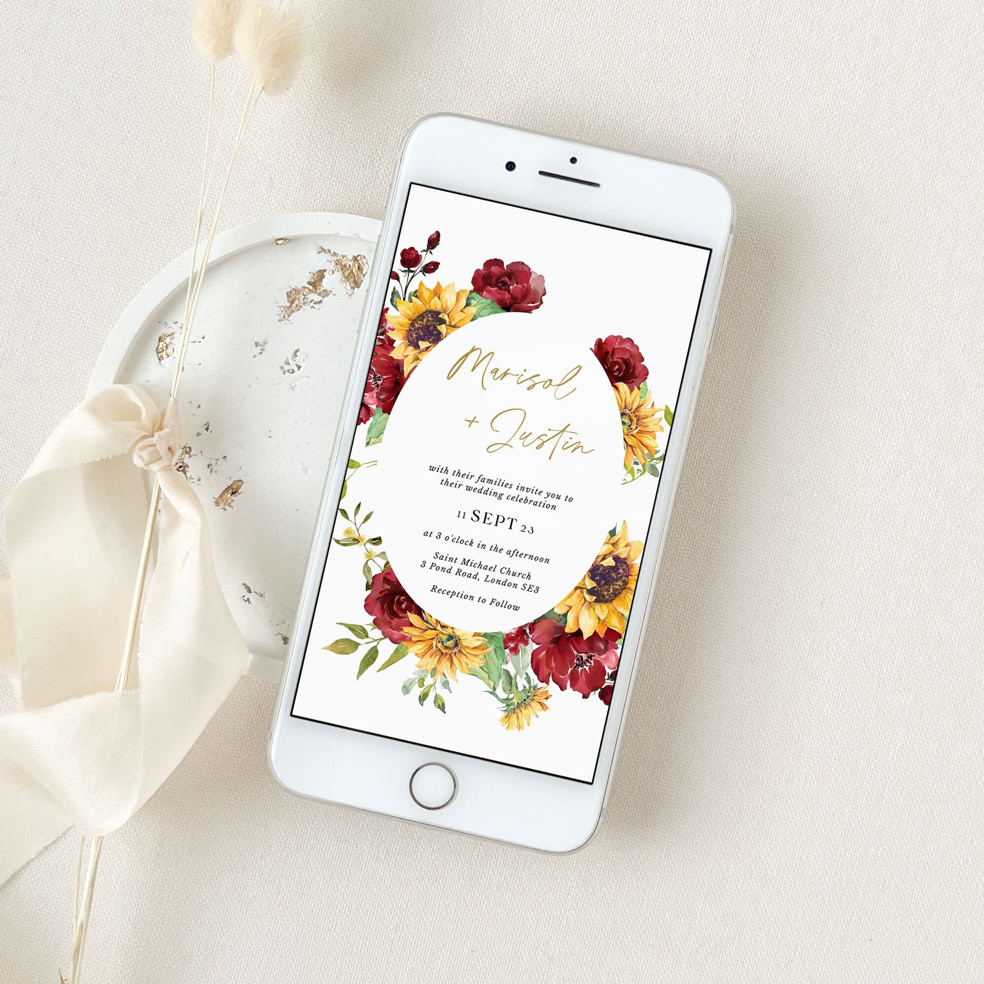 RUBY Digital Wedding Invitations Red Roses and Sunflowers