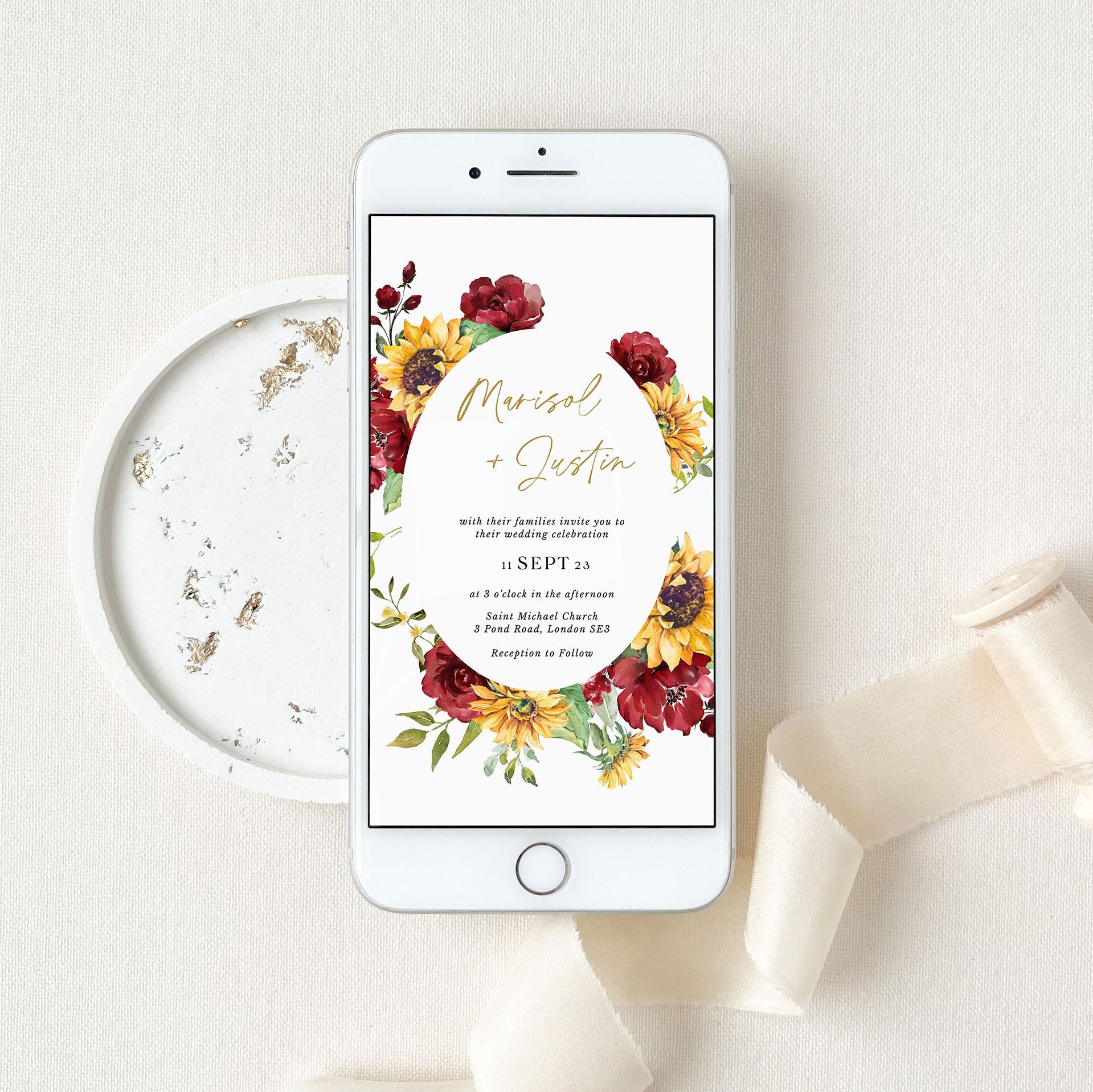 RUBY Digital Wedding Invitations Red Roses and Sunflowers