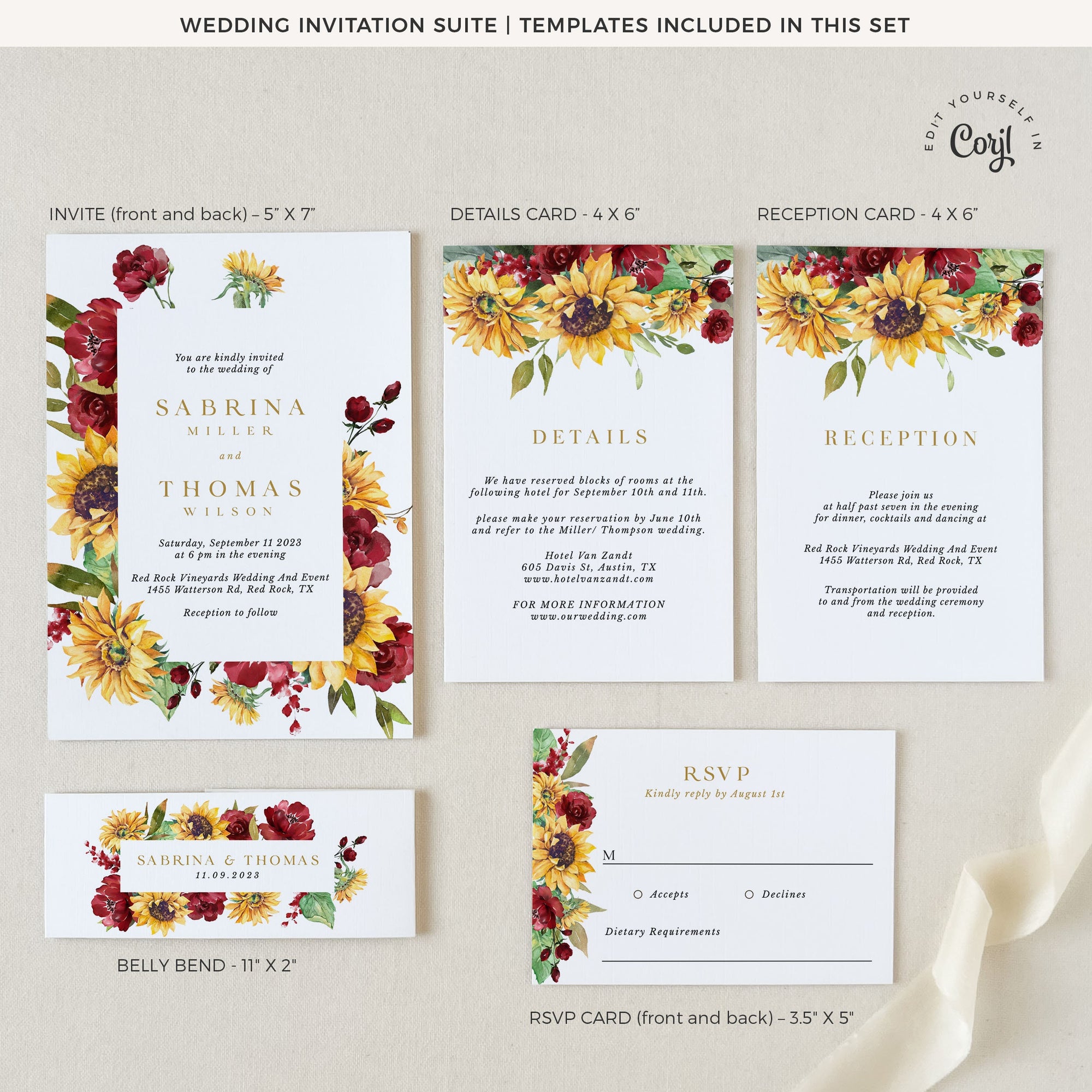RUBY Rustic Sunflowers Wedding Invitation Set with Rsvp